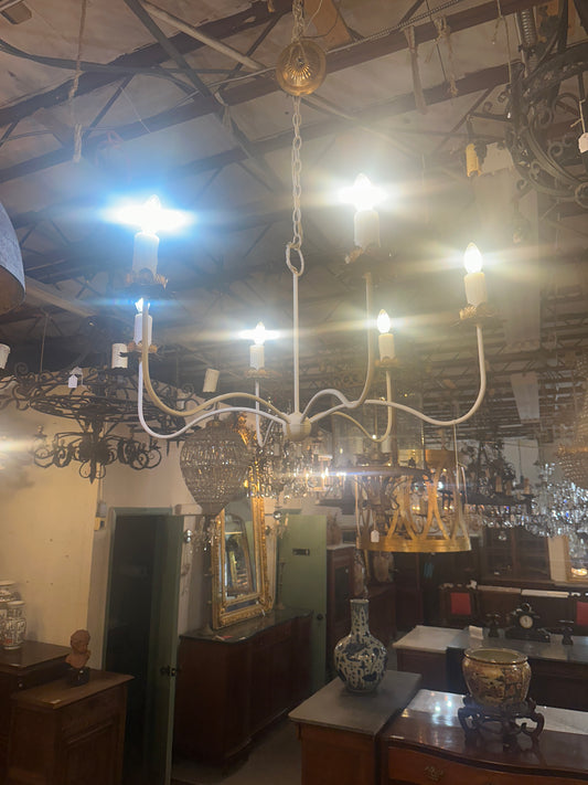 Antique white painted wrought iron 6 light chandelier