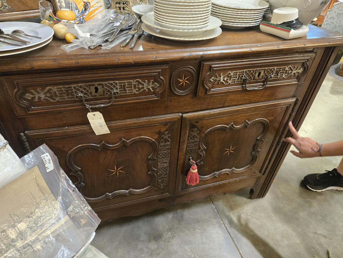 Antique Mid-19th Century French Walnut Buffet with Star Marquetry