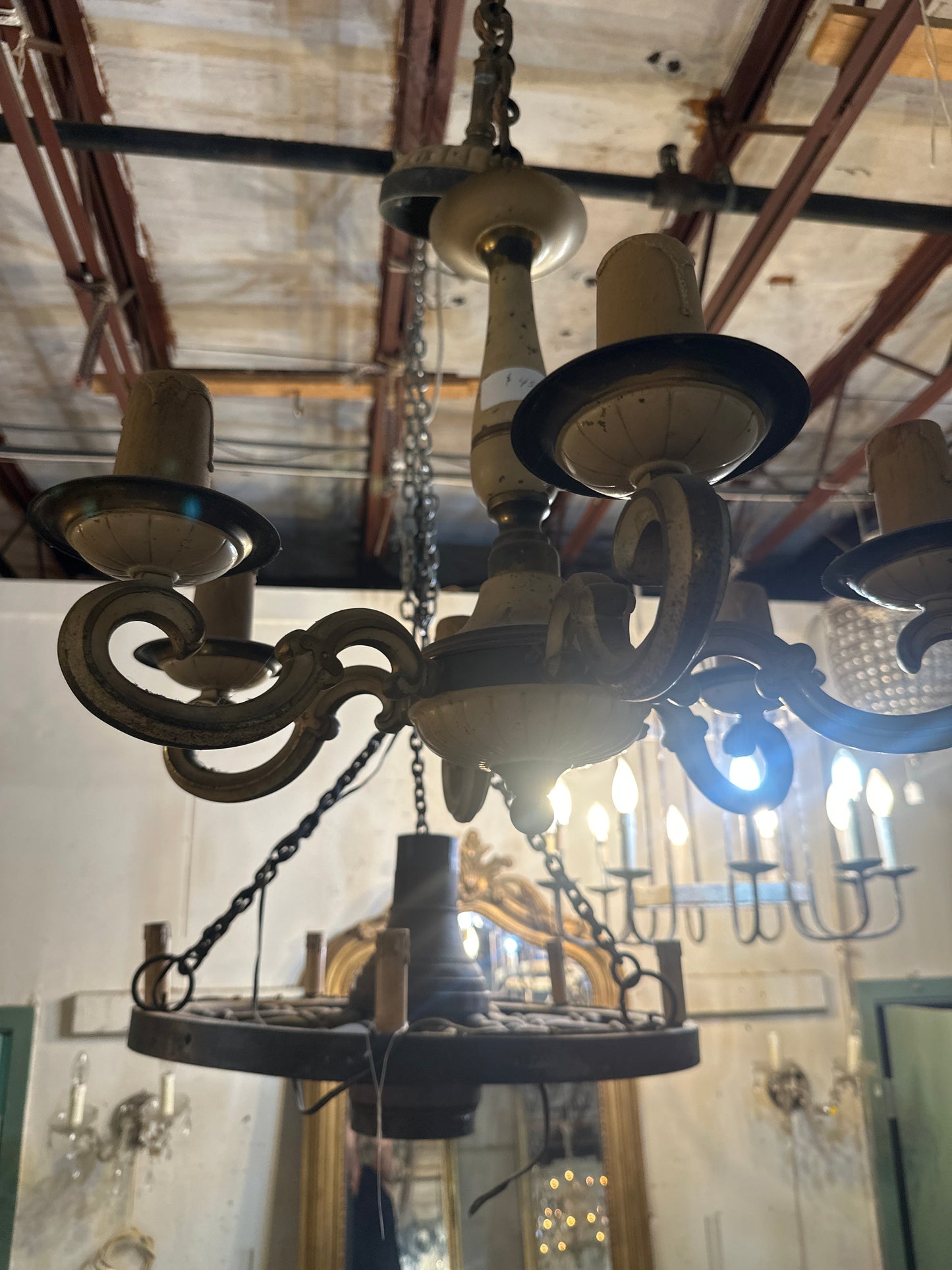 Vintage wrought iron and tole chandelier