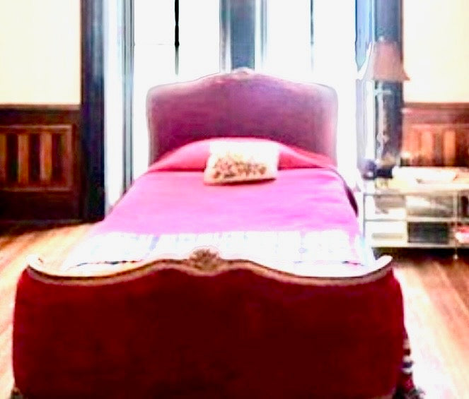 Pair of carved, upholstered French beds w/mattresses