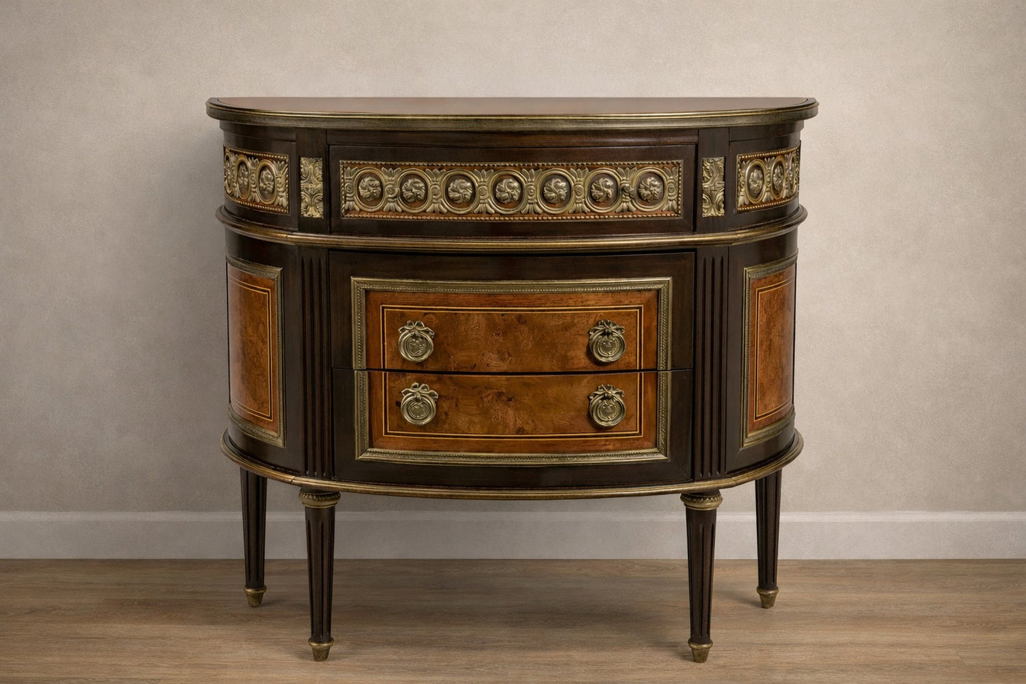 French Napoleon III Demilune Commode with Radial Parquetry and Gilt Mounts, c. 1880