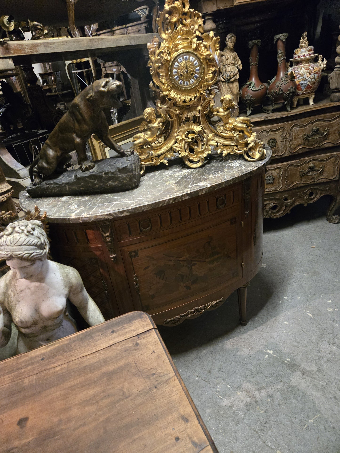 Circa 1900 French Demilune Marble Top Cabinet with Marquetry & Bronze Mounts