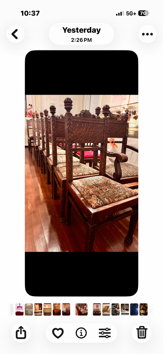 Set of 8 craved upholstered French dining chairs