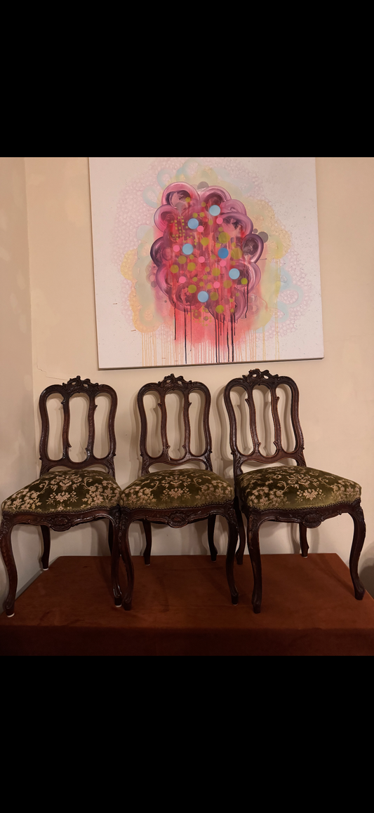 Antique carved oak parlor chairs green floral