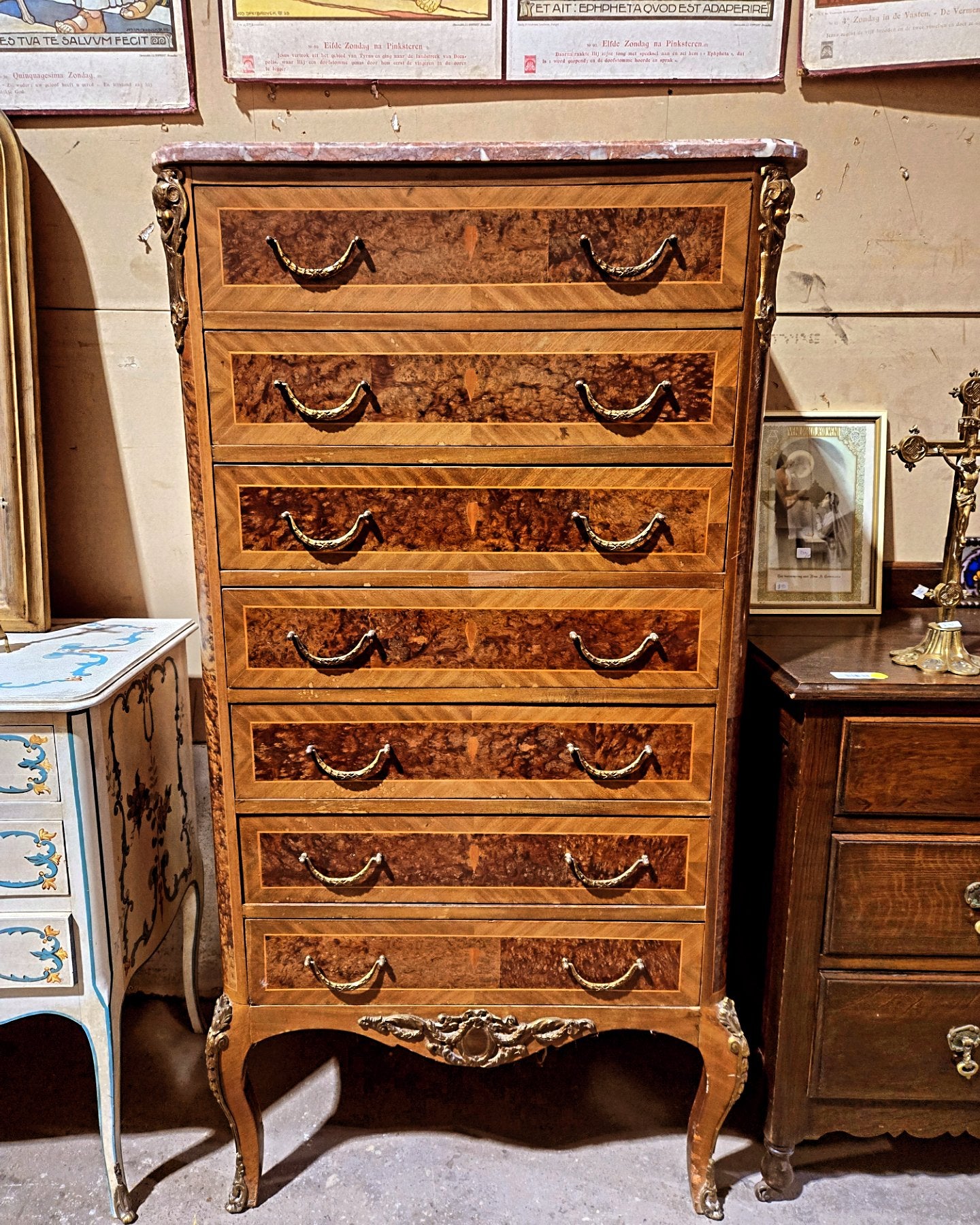 Burled Commode w/ Pink Marble