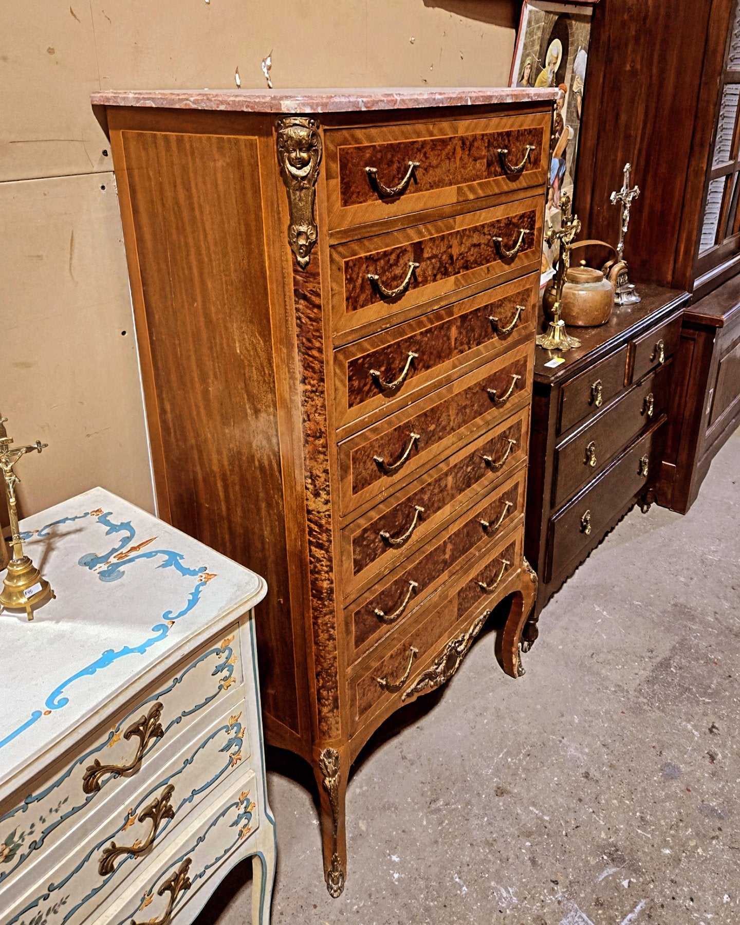 Burled Commode w/ Pink Marble