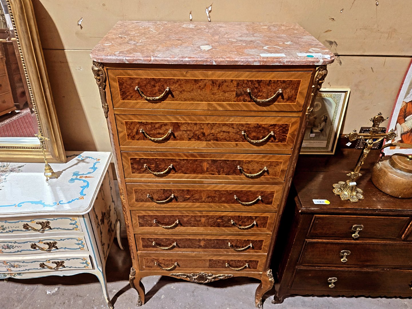 Burled Commode w/ Pink Marble