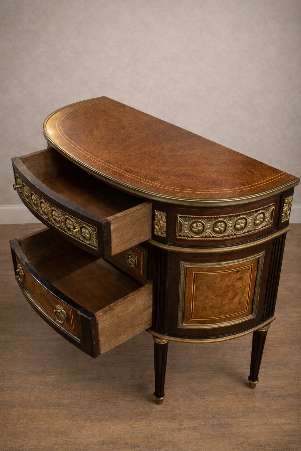 French Napoleon III Demilune Commode with Radial Parquetry and Gilt Mounts, c. 1880