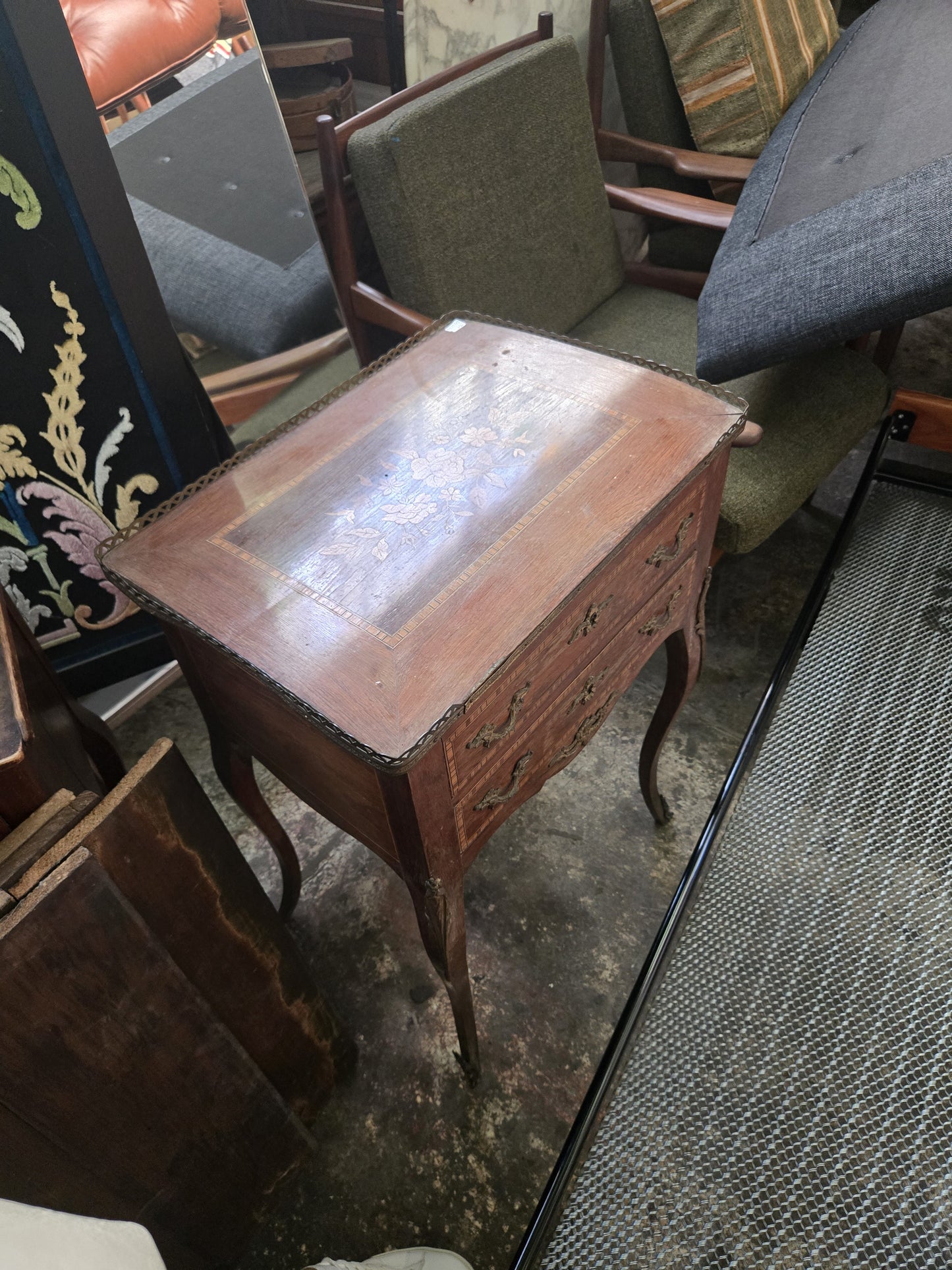 French 19th-Century Marquetry Writing Table with Brass Gallery