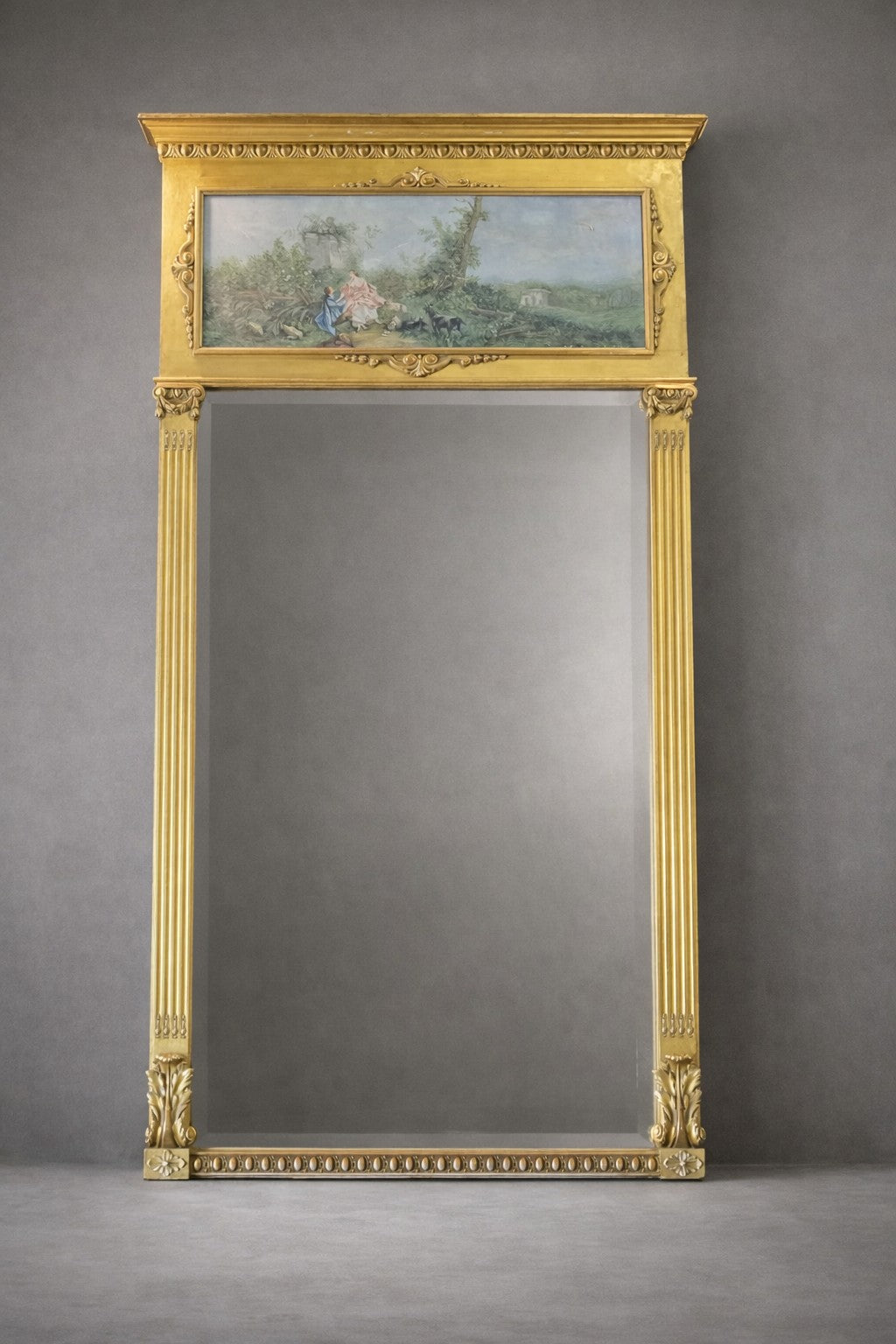 Mid-19th Century French Louis XVI Giltwood Trumeau Mirror with Original Painting, circa 1850