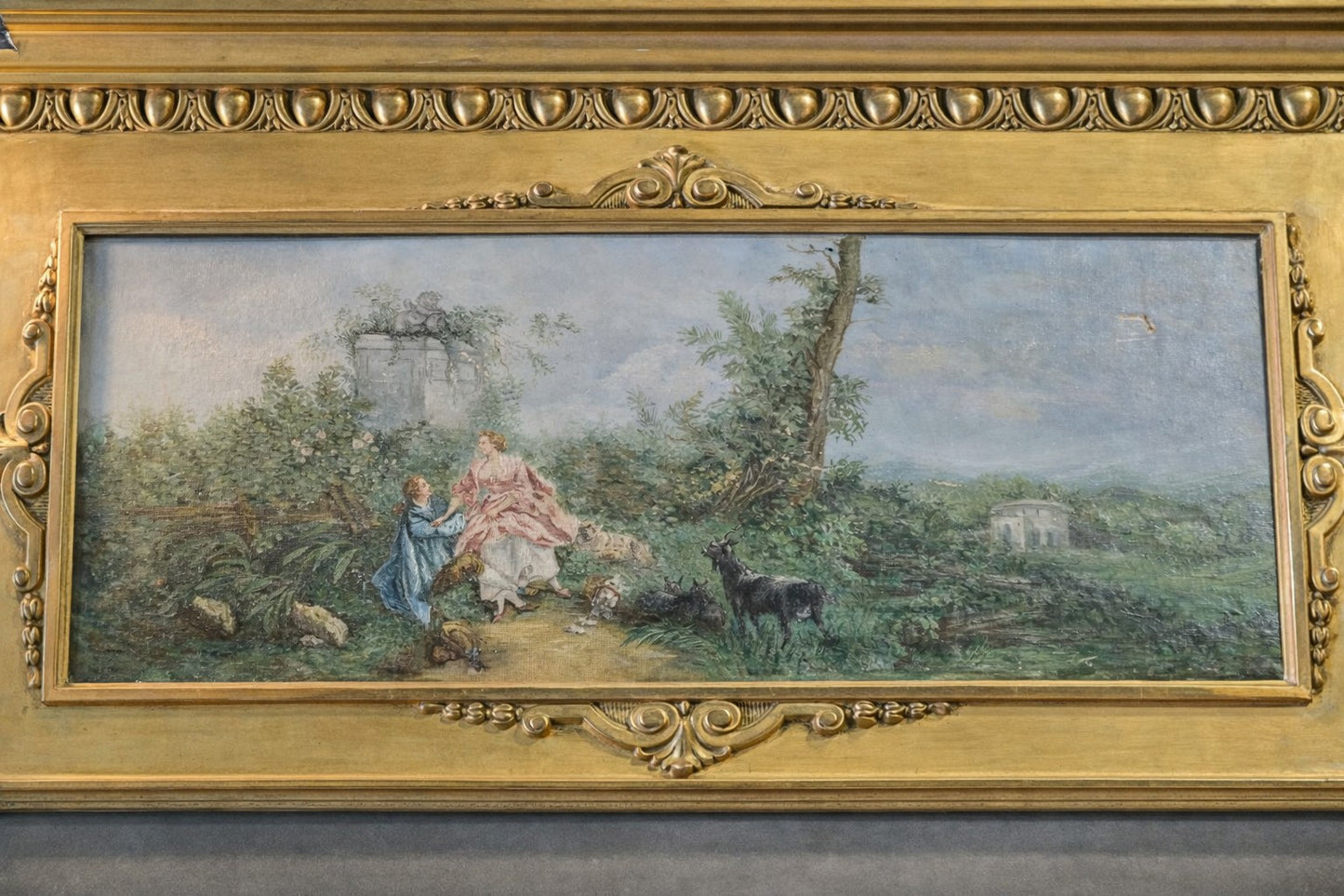 Mid-19th Century French Louis XVI Giltwood Trumeau Mirror with Original Painting, circa 1850
