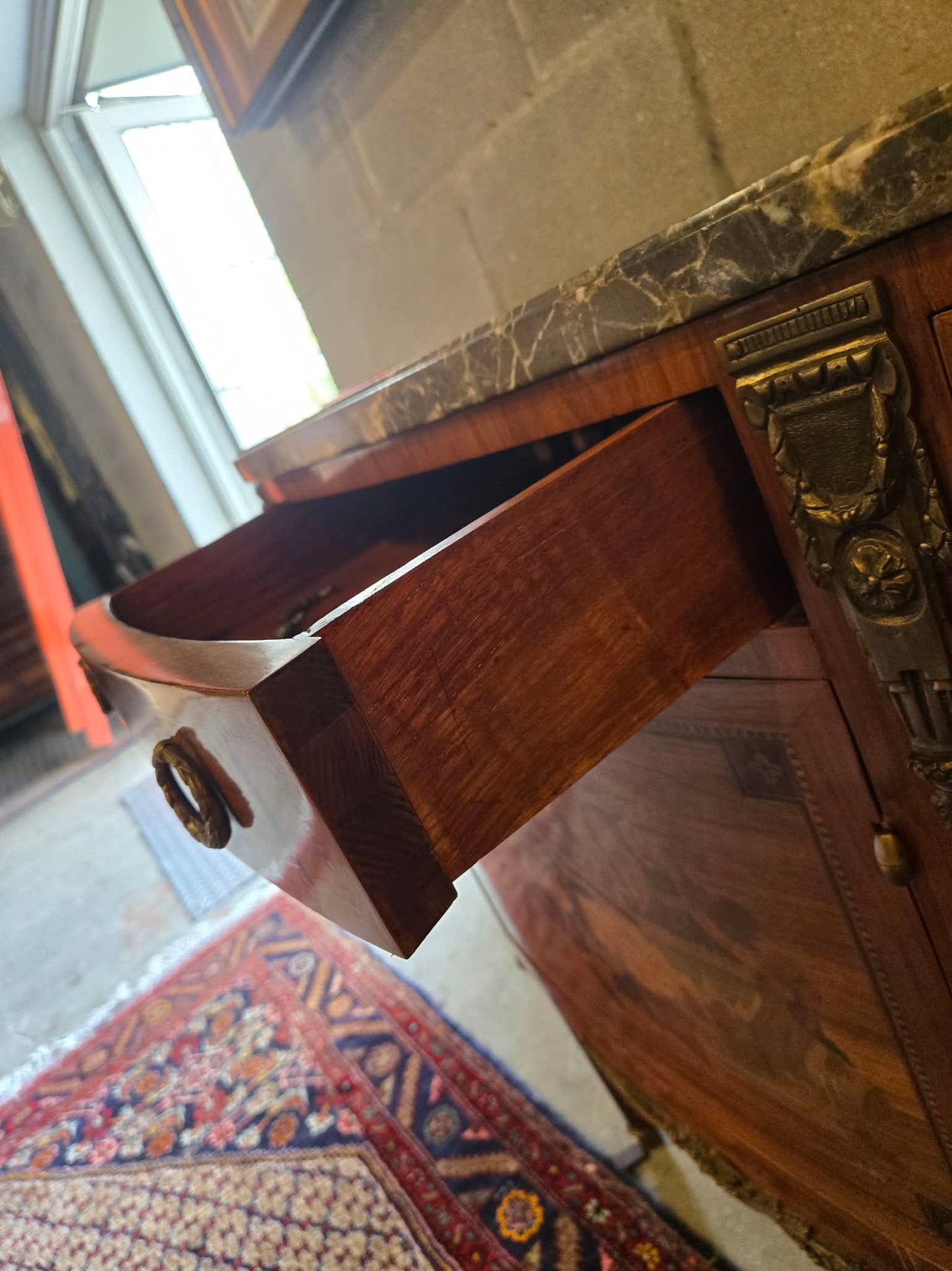 Circa 1900 French Demilune Marble Top Cabinet with Marquetry & Bronze Mounts