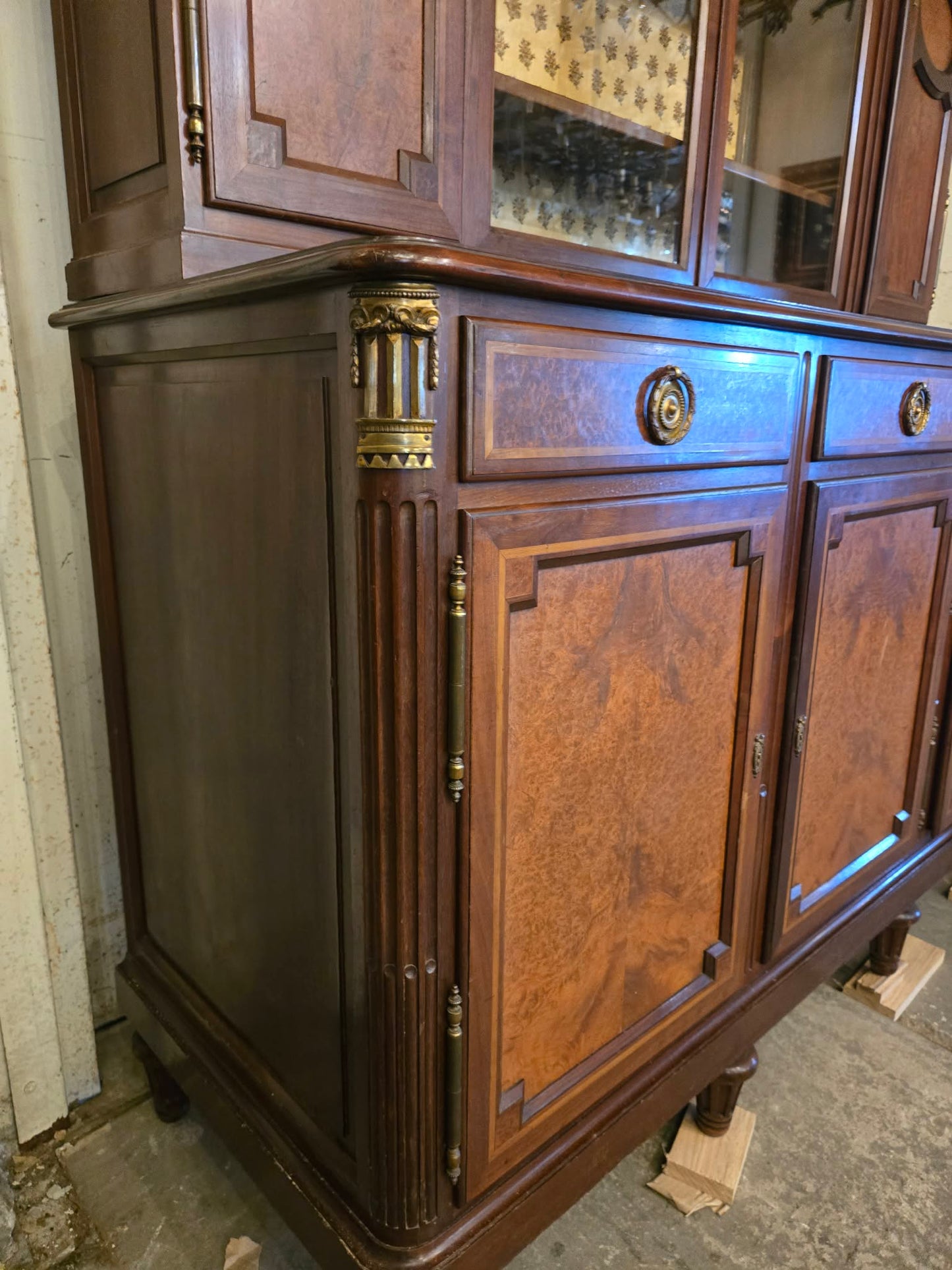 Antique 1850s French Walnut Buffet Deux-Corps with Glazed Upper Cabinet
