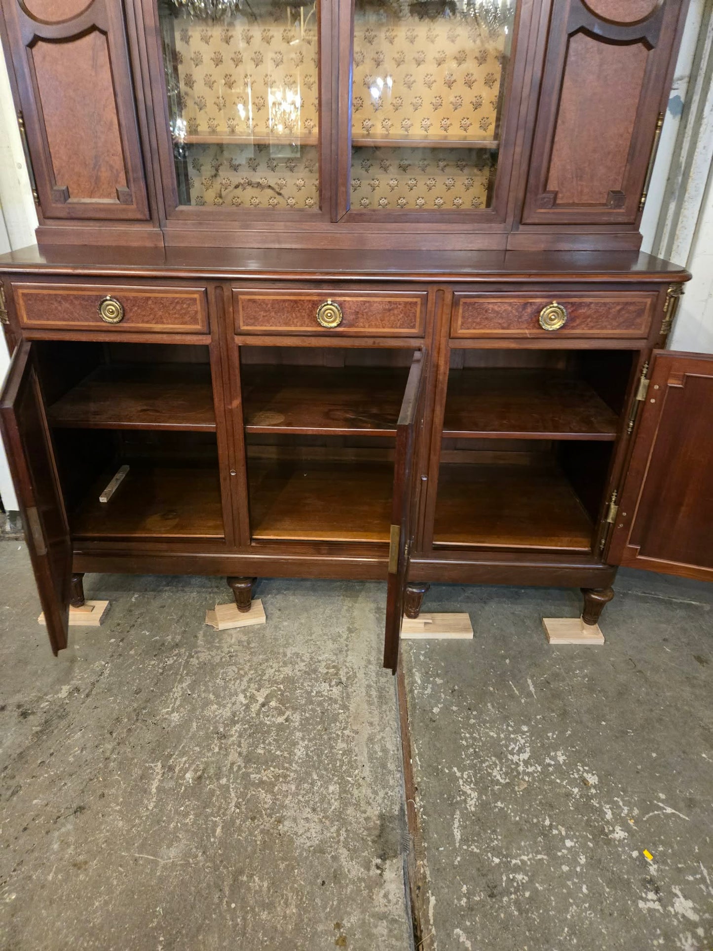 Antique 1850s French Walnut Buffet Deux-Corps with Glazed Upper Cabinet