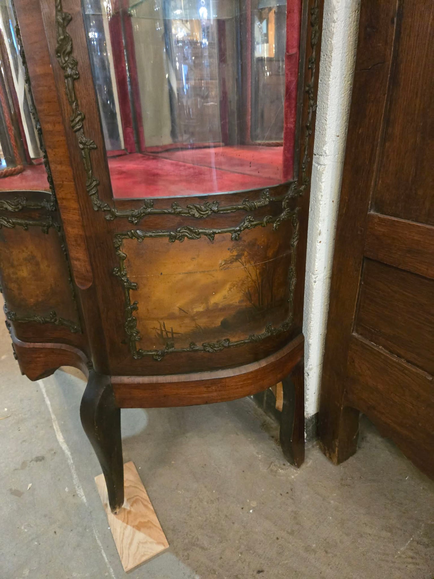 Antique French Curved Glass Display Cabinet with Painted Panels, c.1900