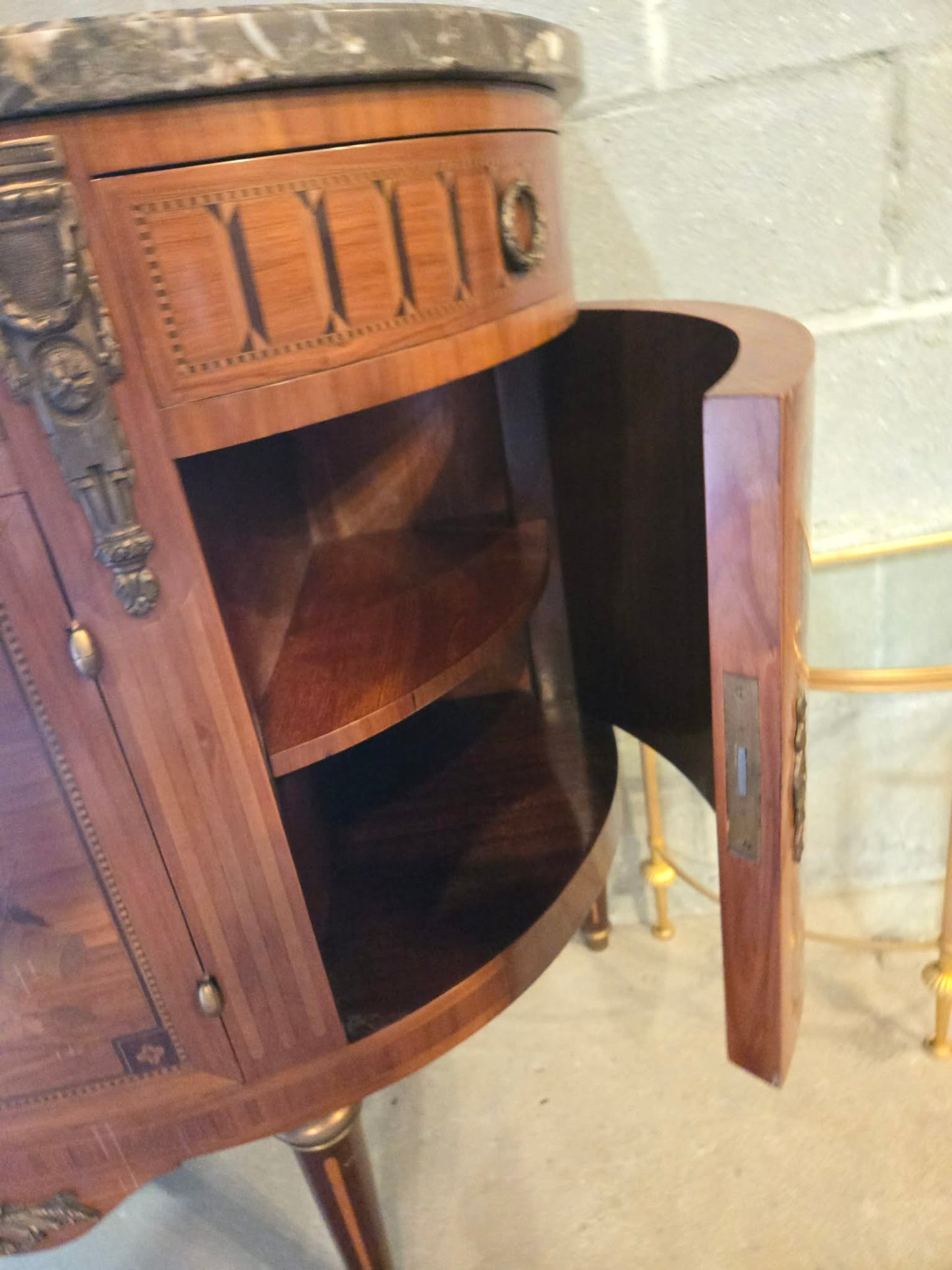 Circa 1900 French Demilune Marble Top Cabinet with Marquetry & Bronze Mounts