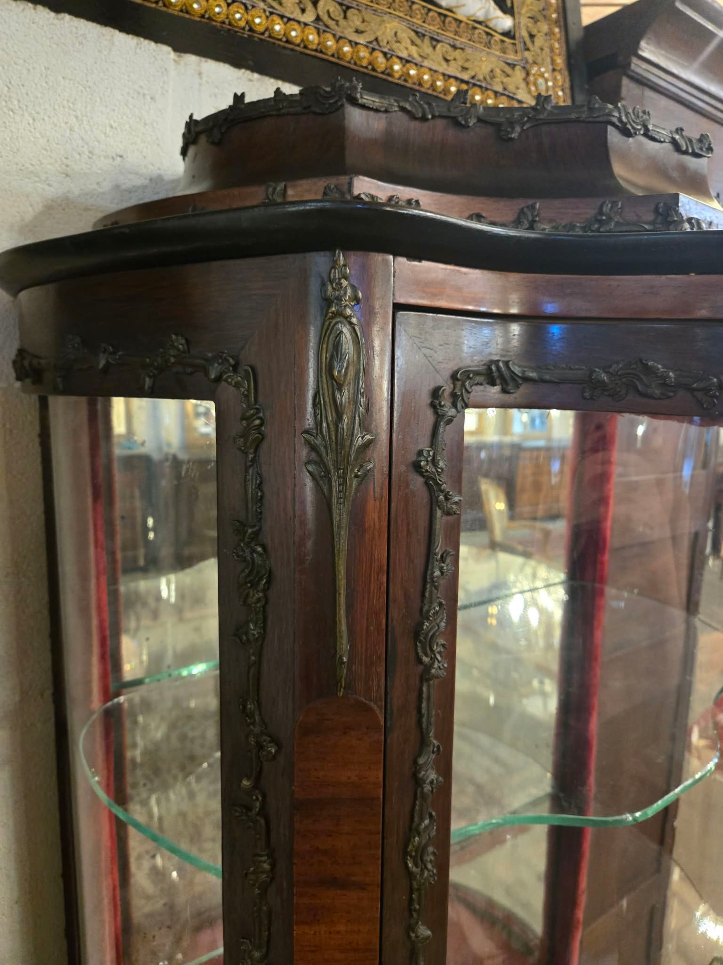 Antique French Curved Glass Display Cabinet with Painted Panels, c.1900