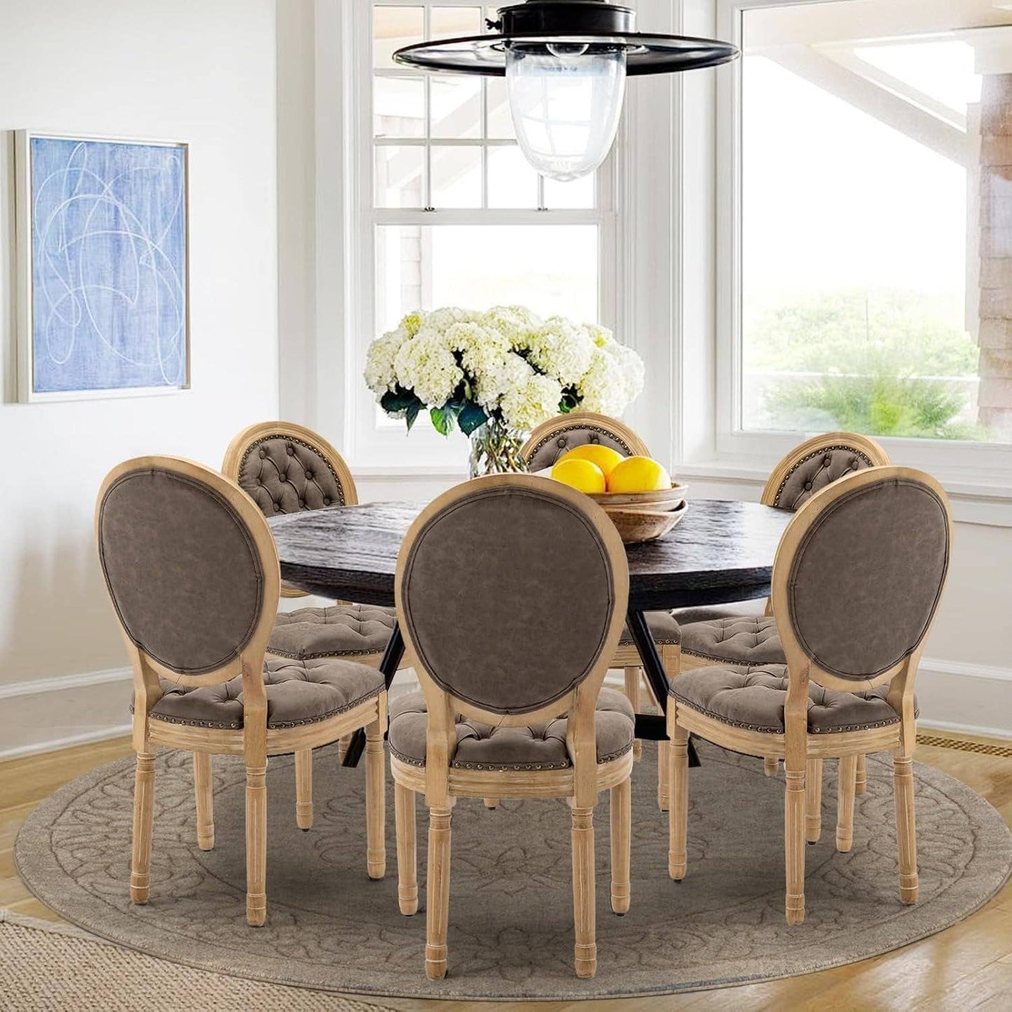 PU Leather Upholstered Dining Chairs Set of 6 French Country round Back Kitchen Side Chairs with Nailhead Trim and Wood Legs for Dining Room, Kitchen, Restaurant(Brown)