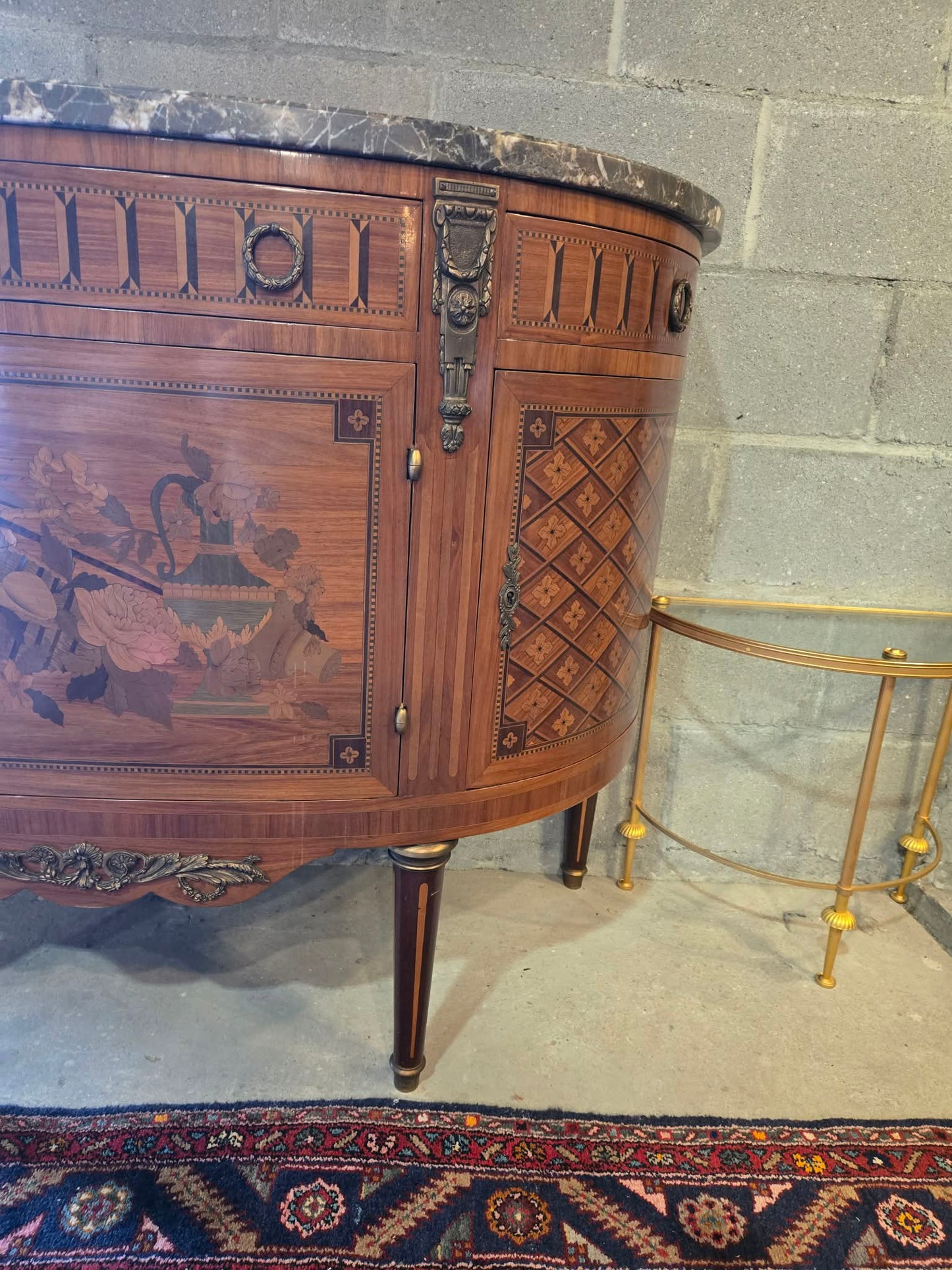 Circa 1900 French Demilune Marble Top Cabinet with Marquetry & Bronze Mounts
