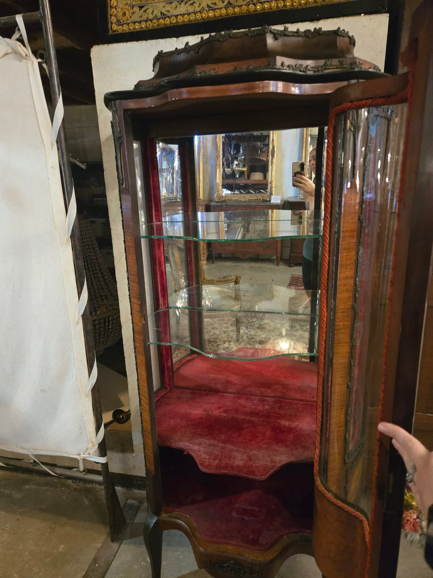 Antique French Curved Glass Display Cabinet with Painted Panels, c.1900