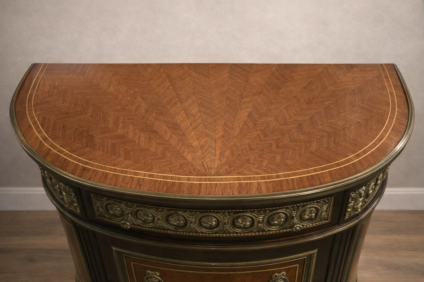 French Napoleon III Demilune Commode with Radial Parquetry and Gilt Mounts, c. 1880