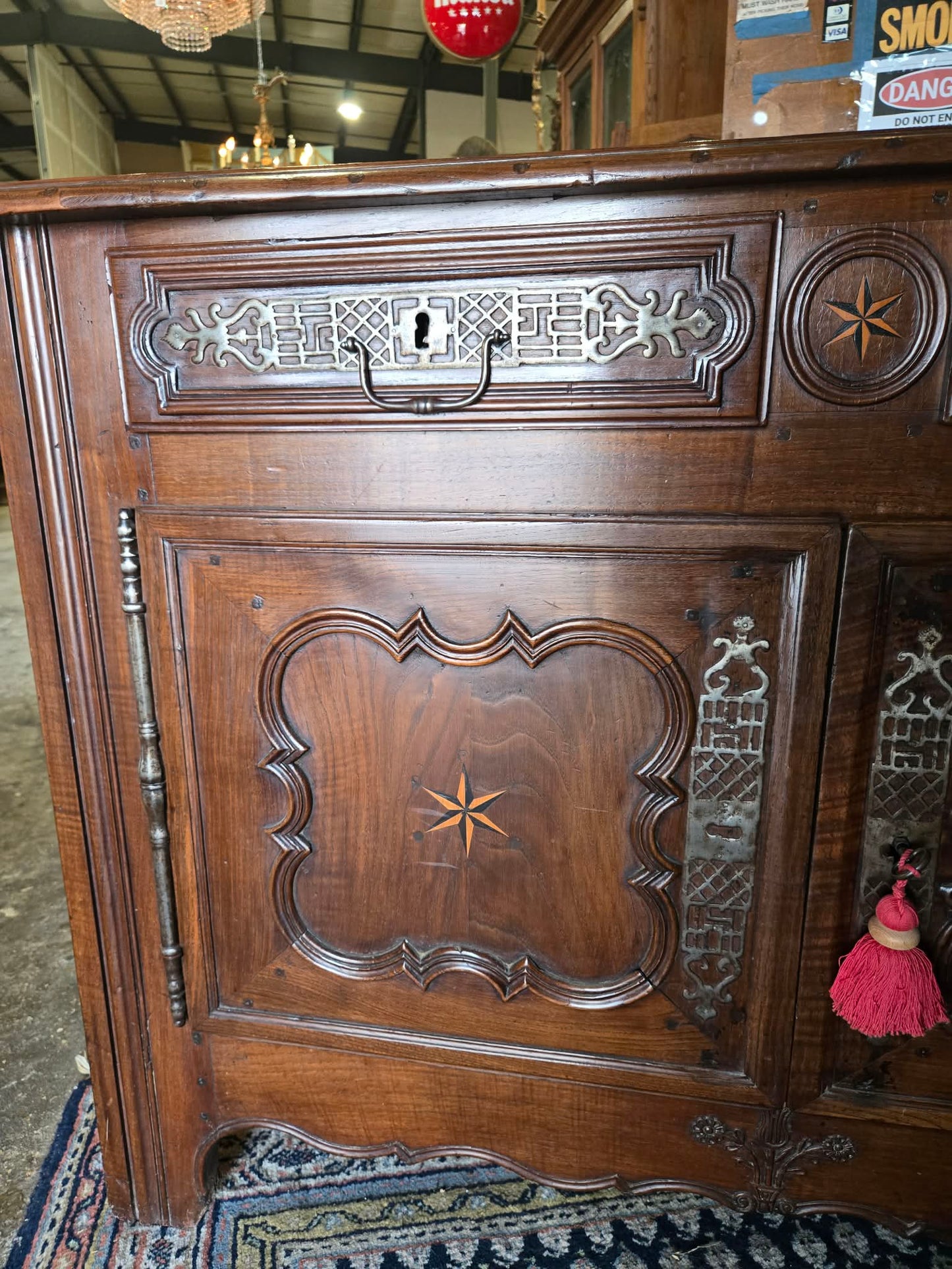 Antique Mid-19th Century French Walnut Buffet with Star Marquetry