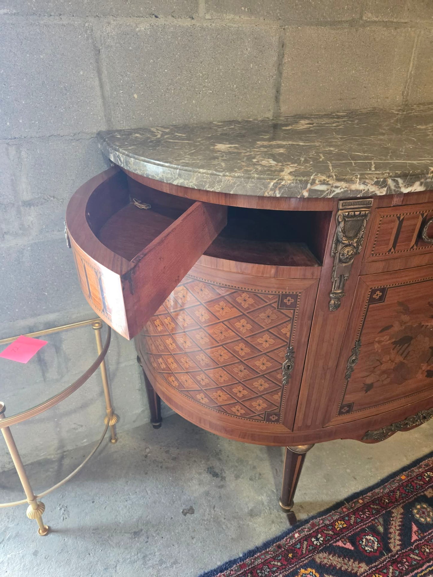 Circa 1900 French Demilune Marble Top Cabinet with Marquetry & Bronze Mounts