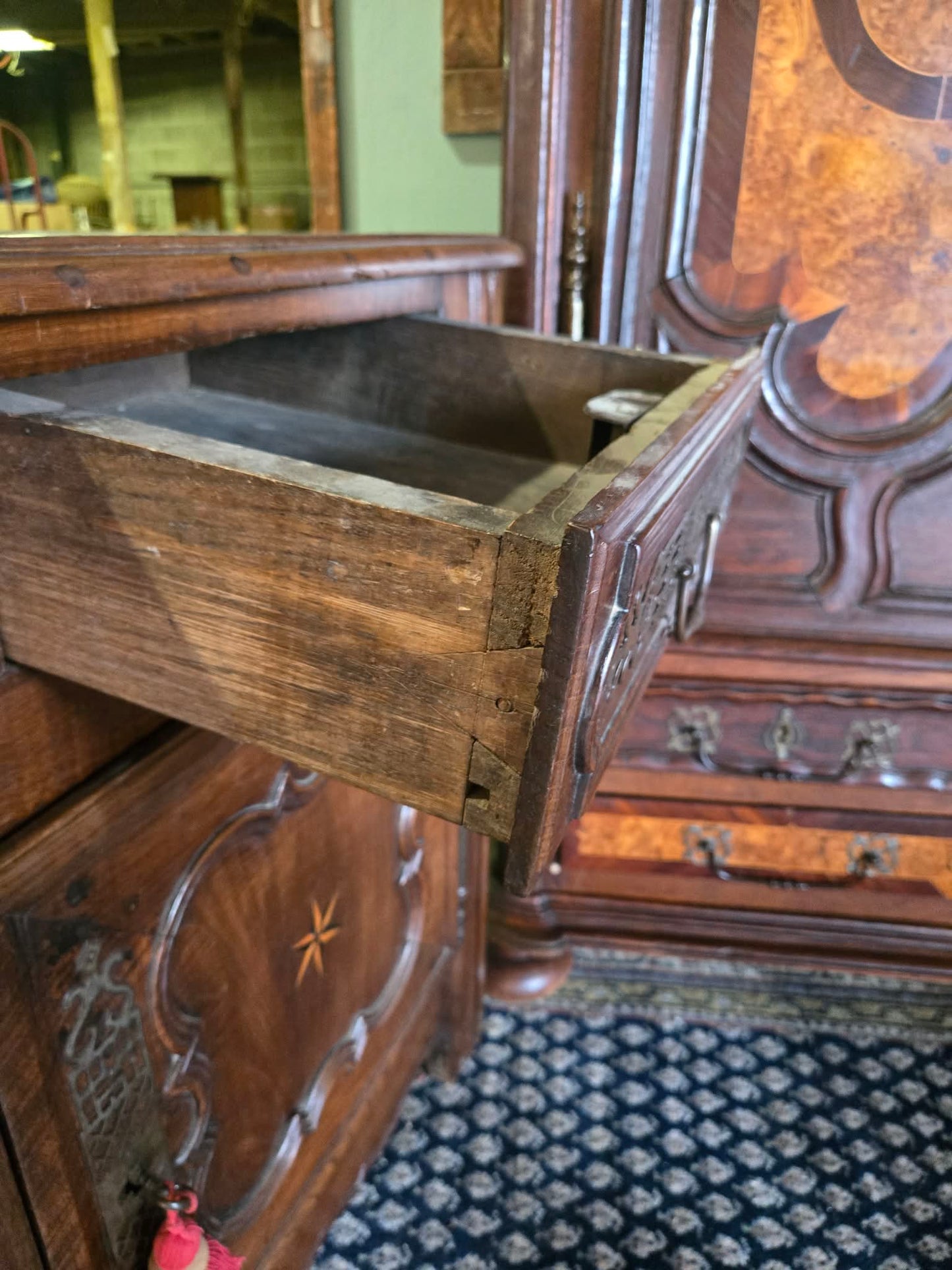 Antique Mid-19th Century French Walnut Buffet with Star Marquetry