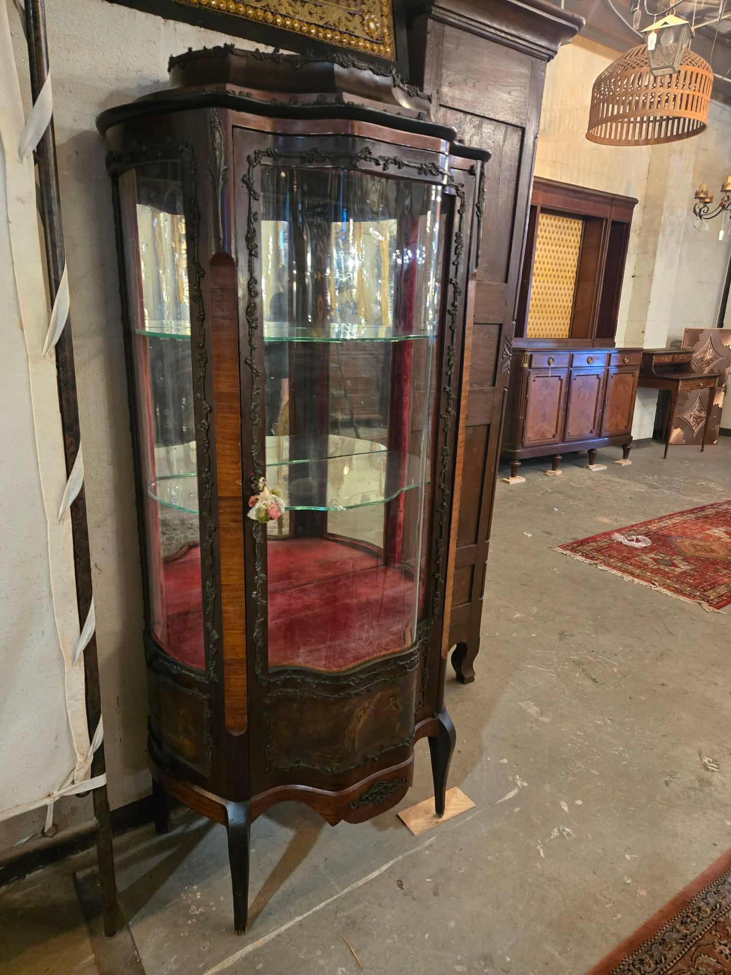 Antique French Curved Glass Display Cabinet with Painted Panels, c.1900