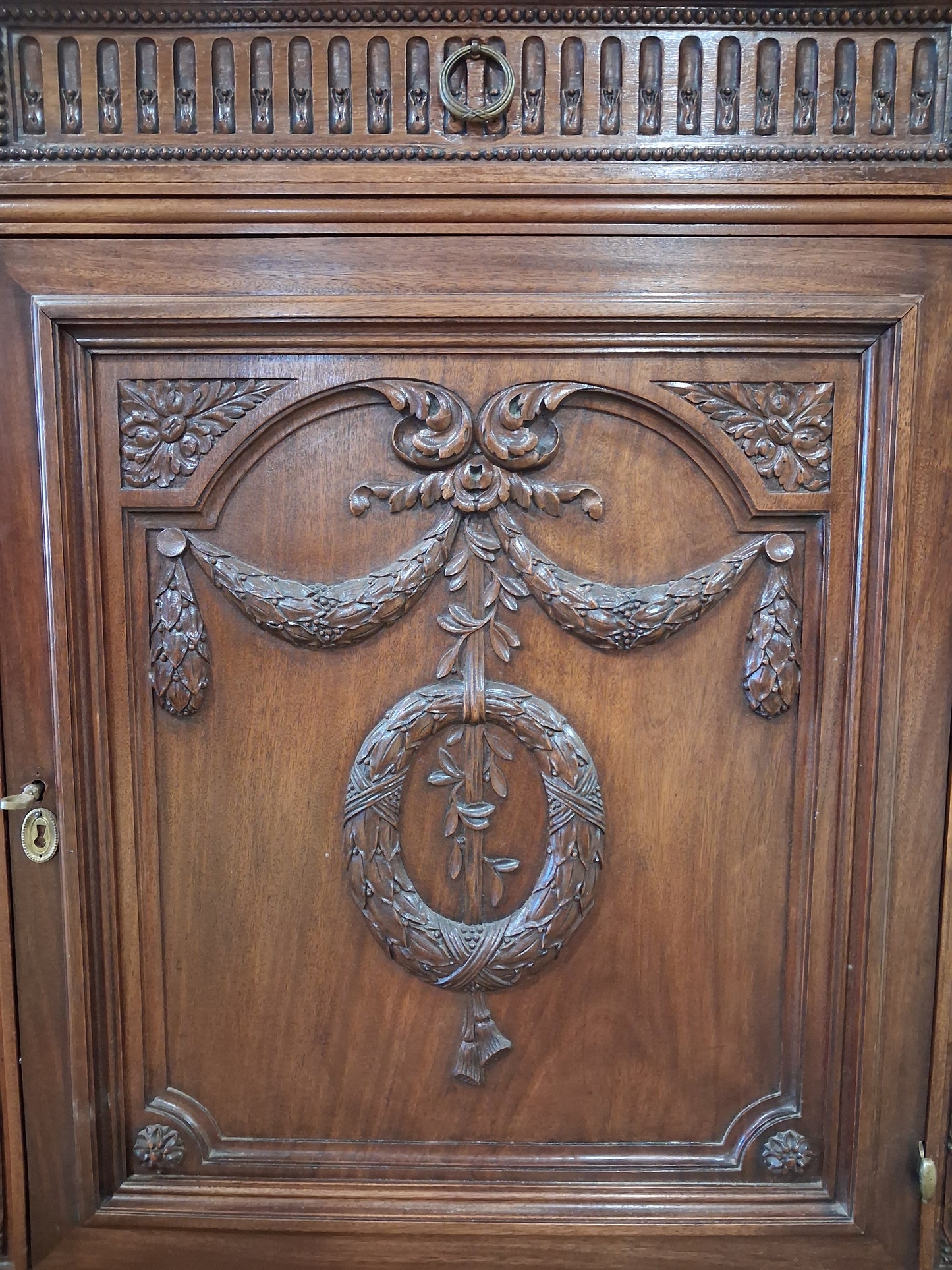 Antique French Louis XVI Revival Mahogany Marble Top Dining Room Suite, Circa 1890