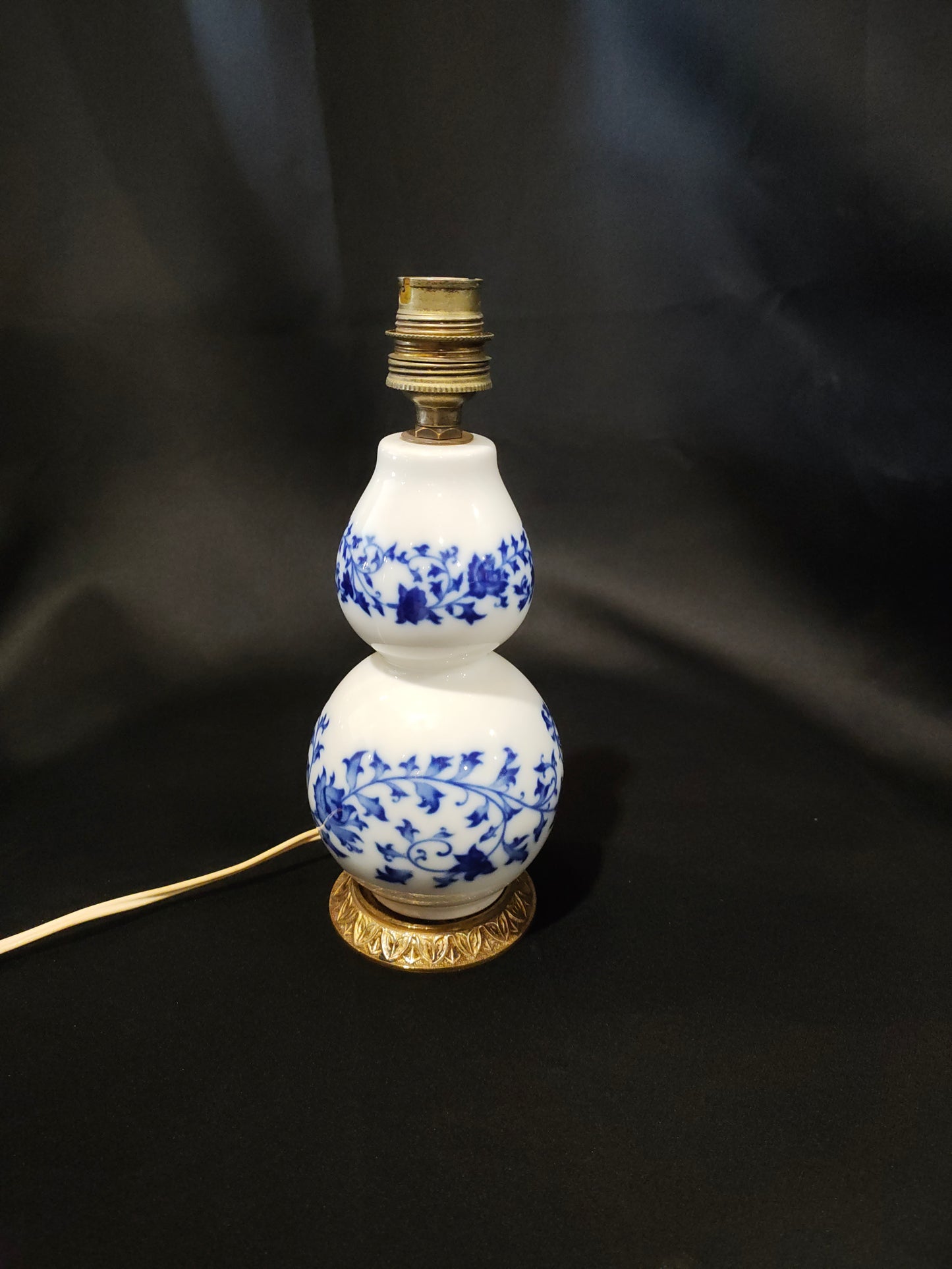 Pair of Chinoiserie Blue & White Double Gourd Porcelain Table Lamps with Gilt Lotus Bases