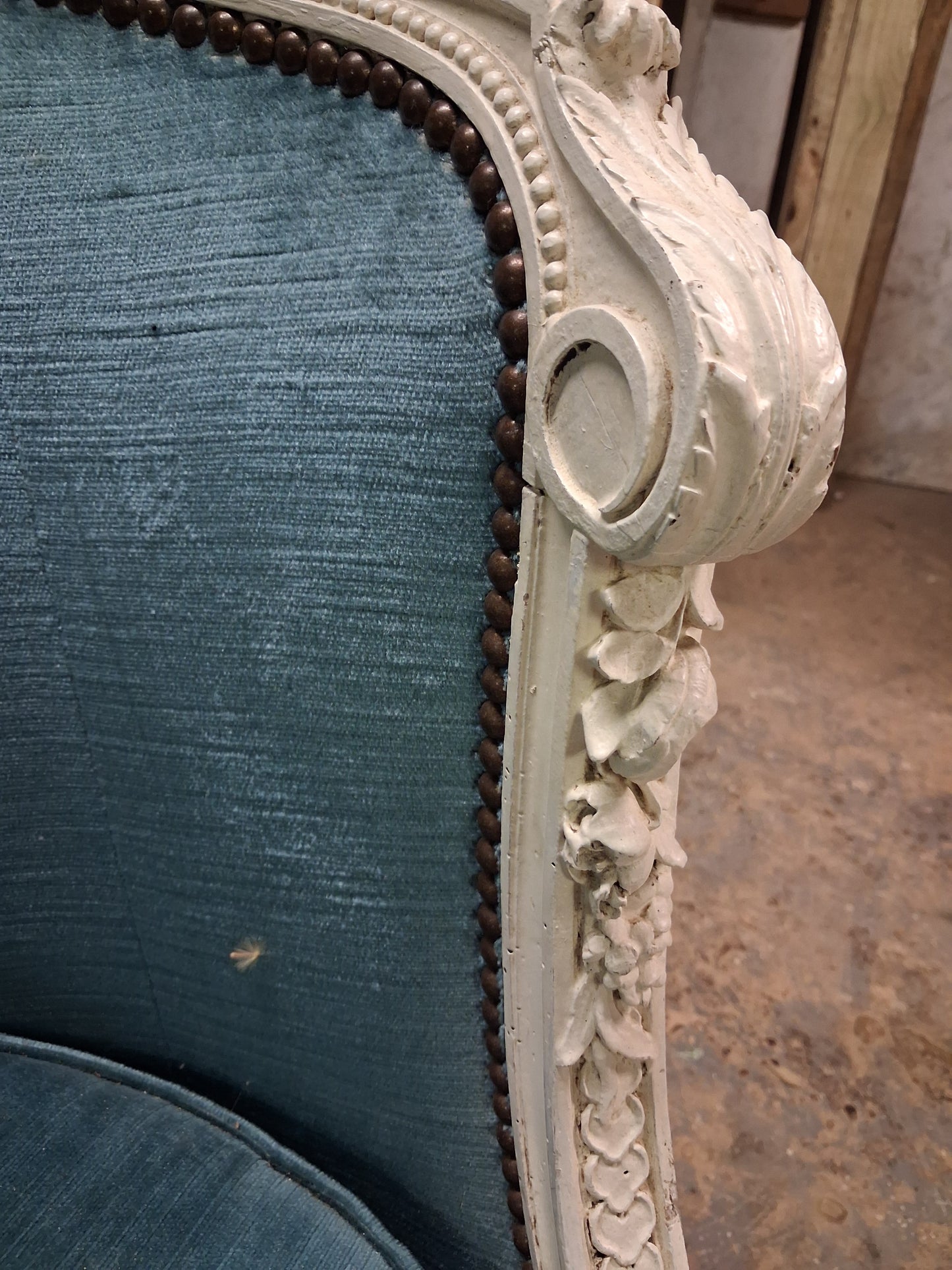 French Louis XVI Style Painted Settee with Tufted Blue Upholstery, Circa 1920