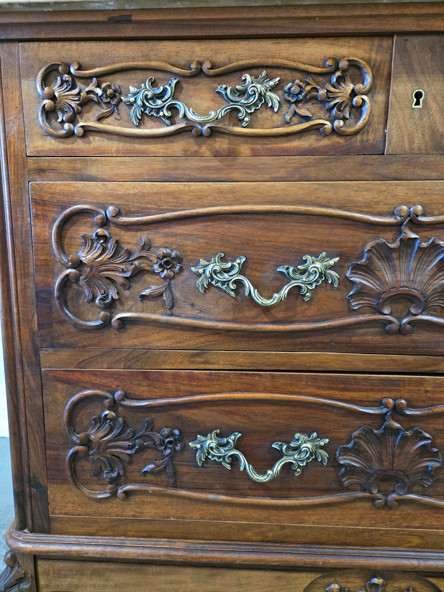 Late 1800s Louis XV oak commode with marble