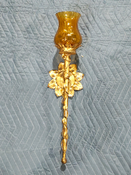 French Gilt Metal Wall Sconce with Amber Glass Hurricane, c. 1890