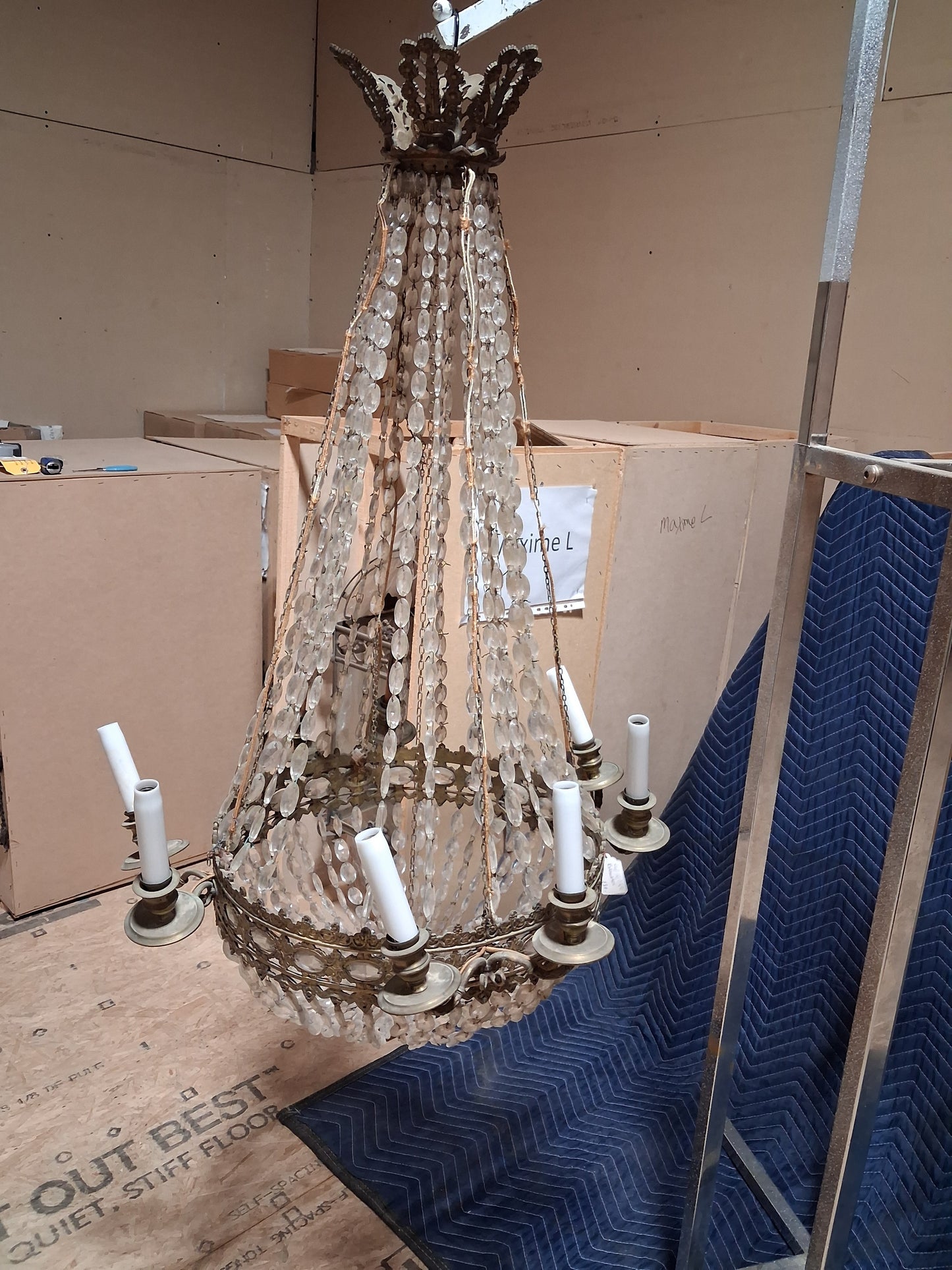 Antique French Empire Style Basket Chandelier with Faceted Glass Prisms c. 1880
