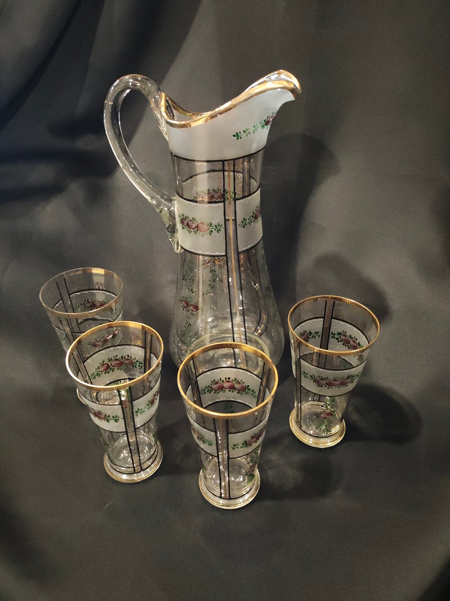 Antique Bohemian Enameled Glass Lemonade Set – Hand-Painted Floral, Gilt Accents