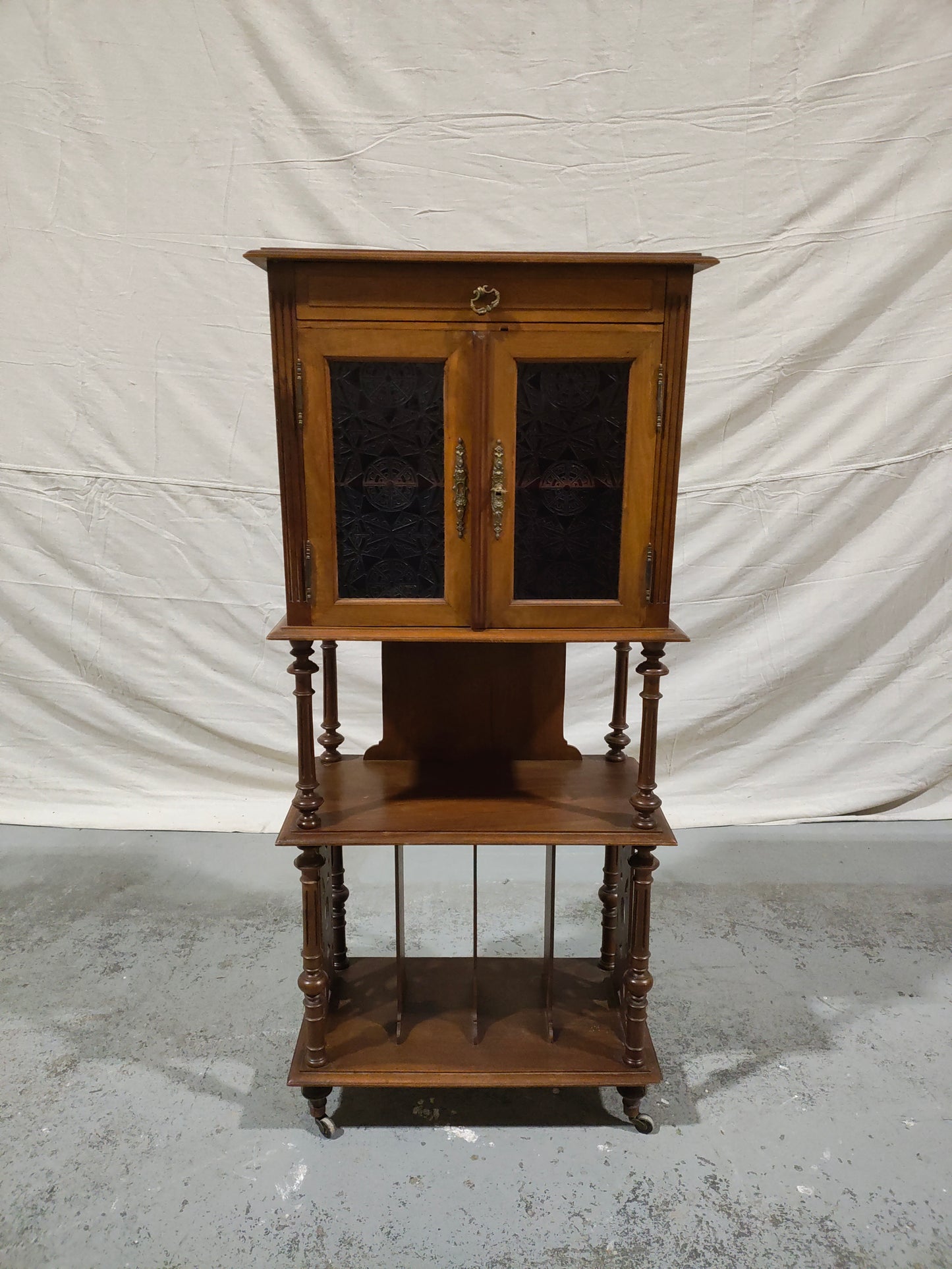 Antique Victorian Walnut Sheet Music Cabinet / Record Cabinet with Patterned Glass