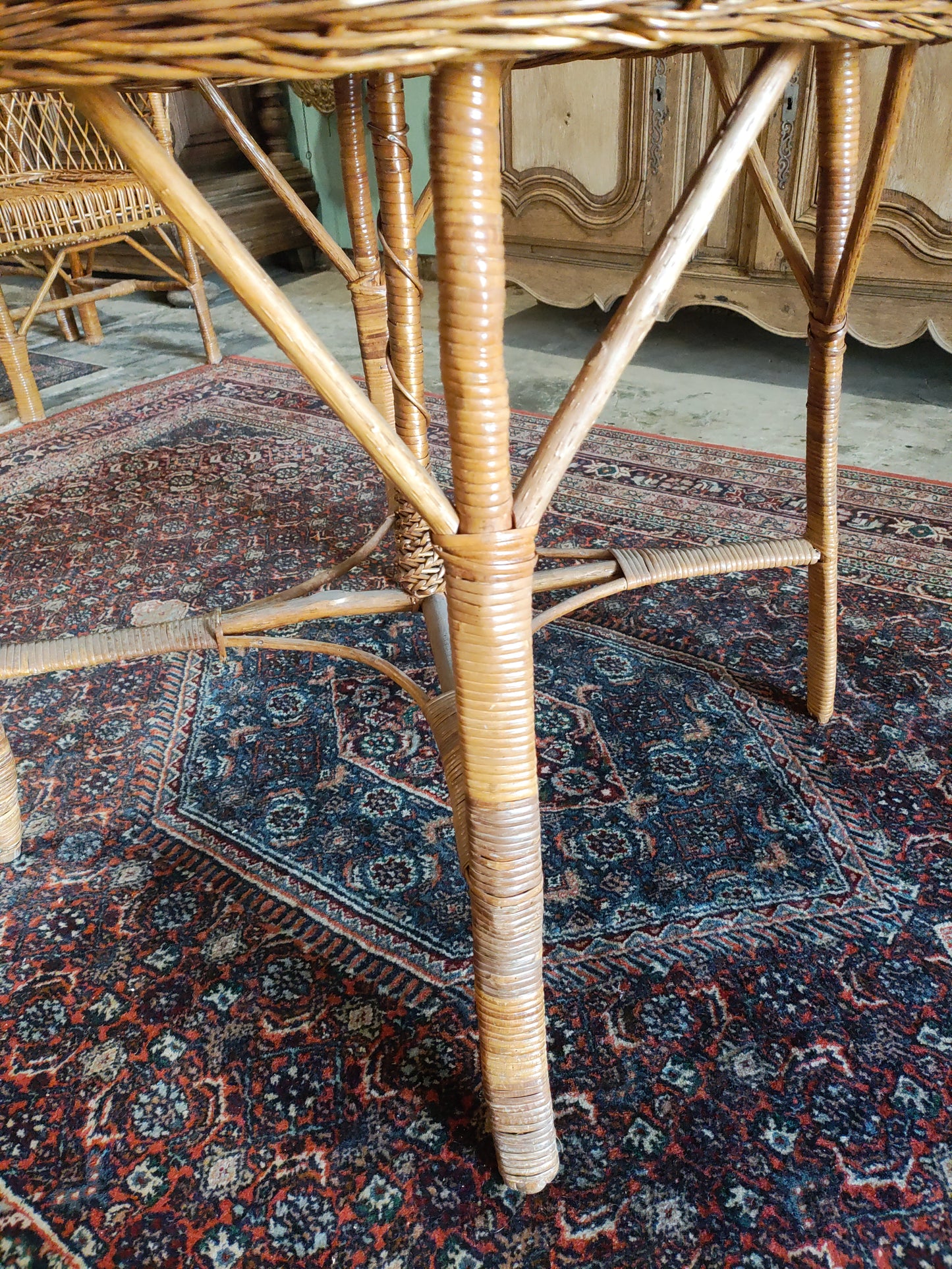 Mid-Century Rattan Barrel Back Lounge Chairs with Round Wicker Table – Set of 5