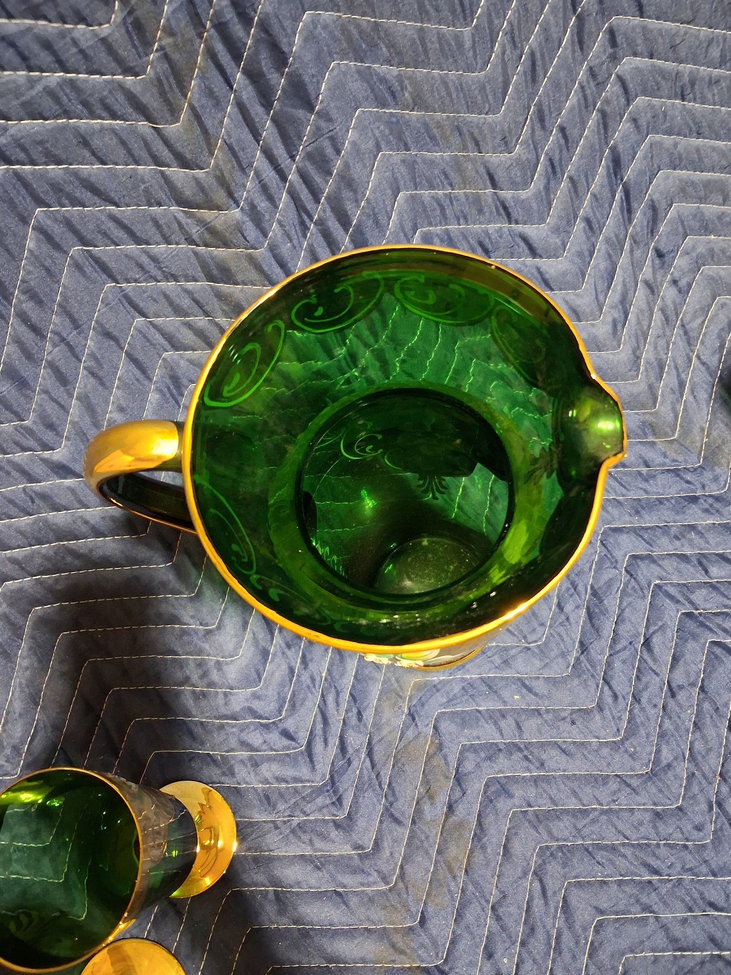 Antique Bohemian Emerald Green Art Glass Pitcher and Goblet Set