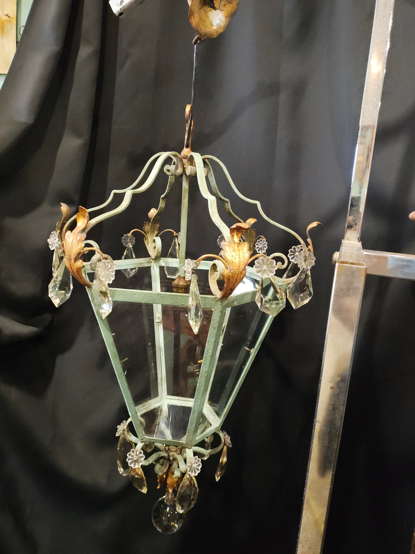 French Provincial Verdigris Iron & Crystal Lantern Chandelier