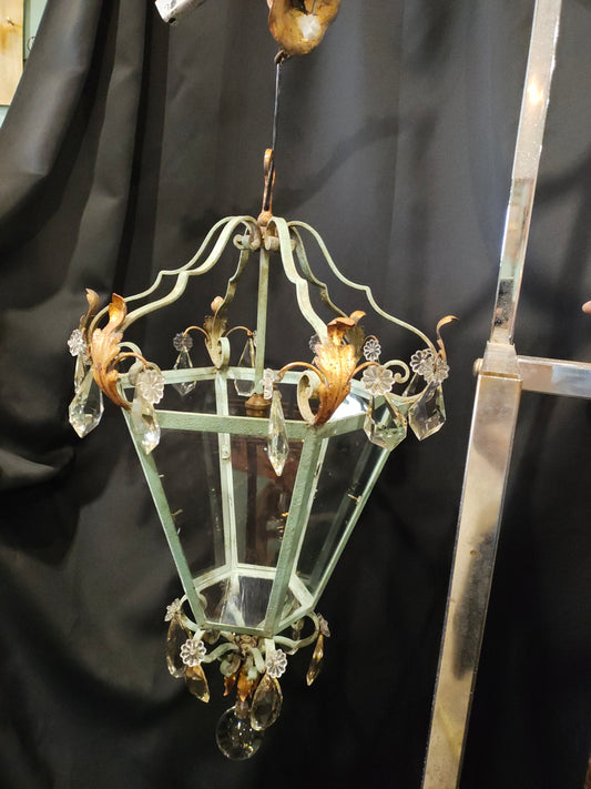 French Provincial Verdigris Iron & Crystal Lantern Chandelier