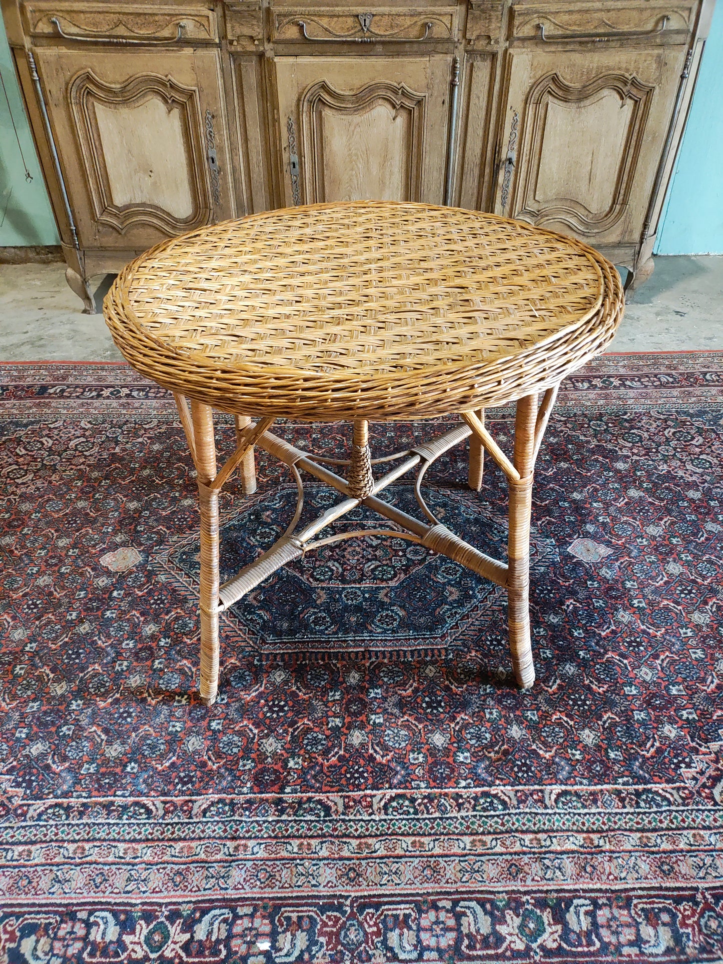 Mid-Century Rattan Barrel Back Lounge Chairs with Round Wicker Table – Set of 5