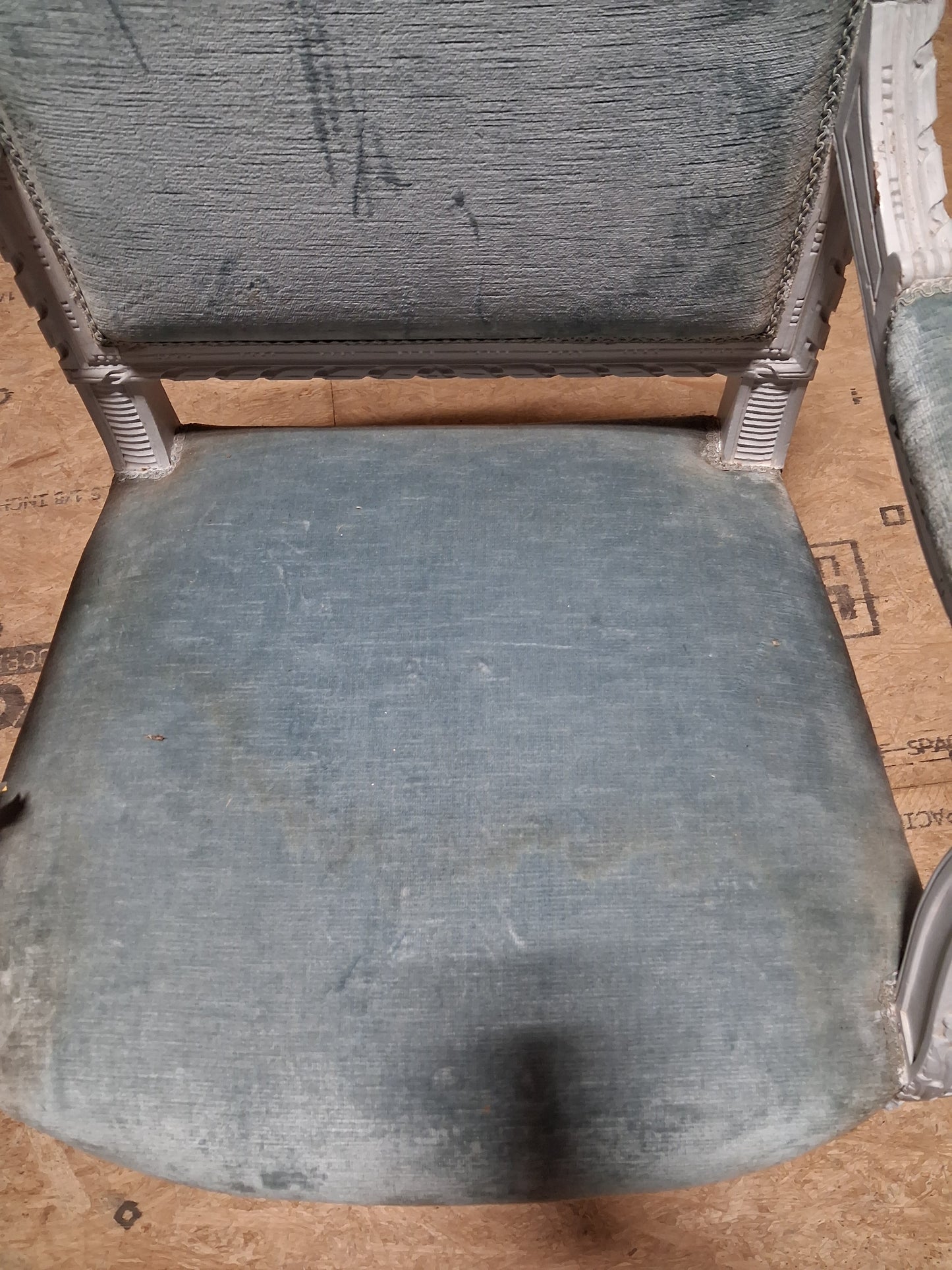 Antique French Louis XVI Painted Blue Bergère Armchair, Circa 1920