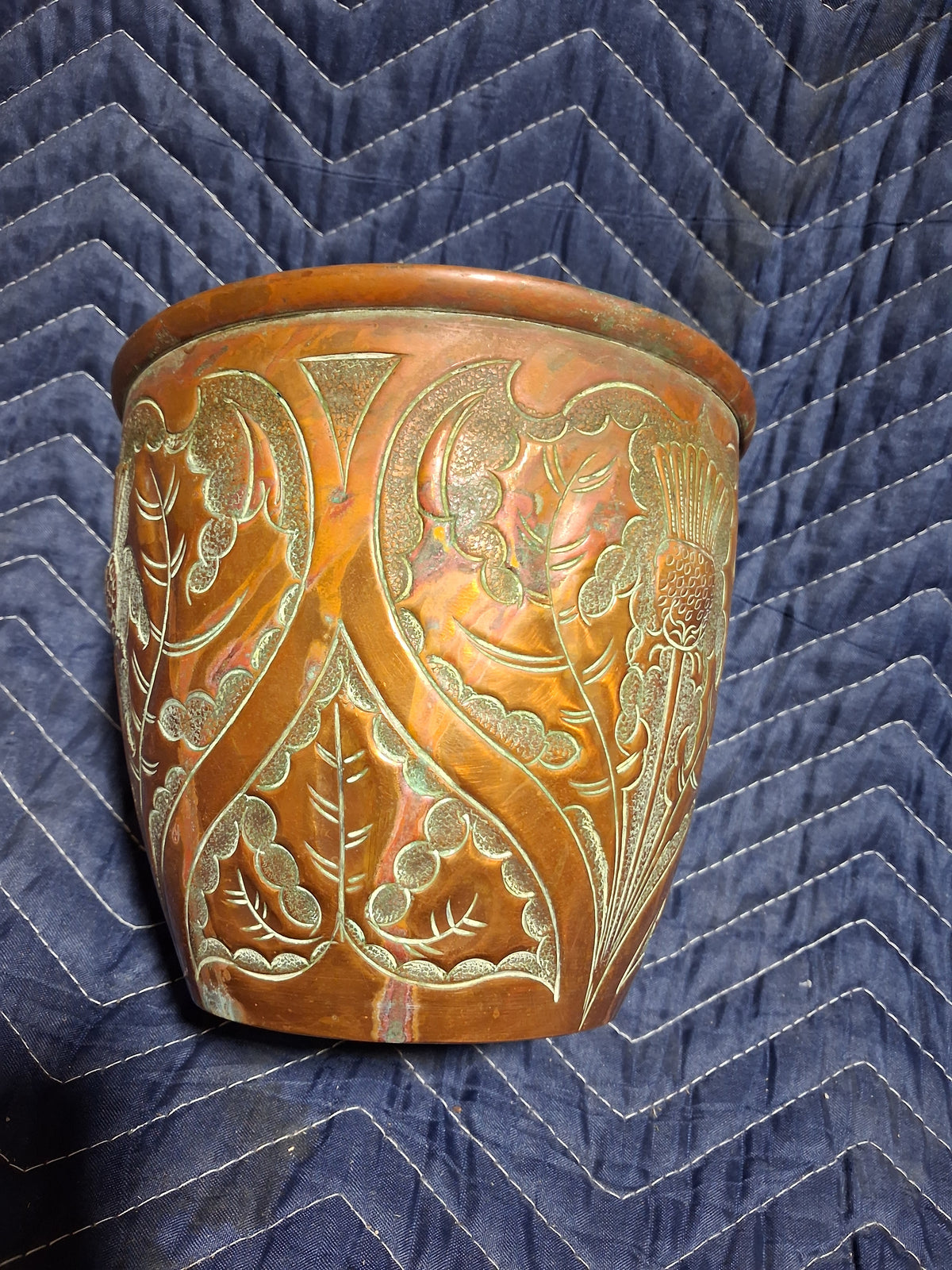 Pair of Art Nouveau Copper Cachepots with Repoussé Botanical Decoration
