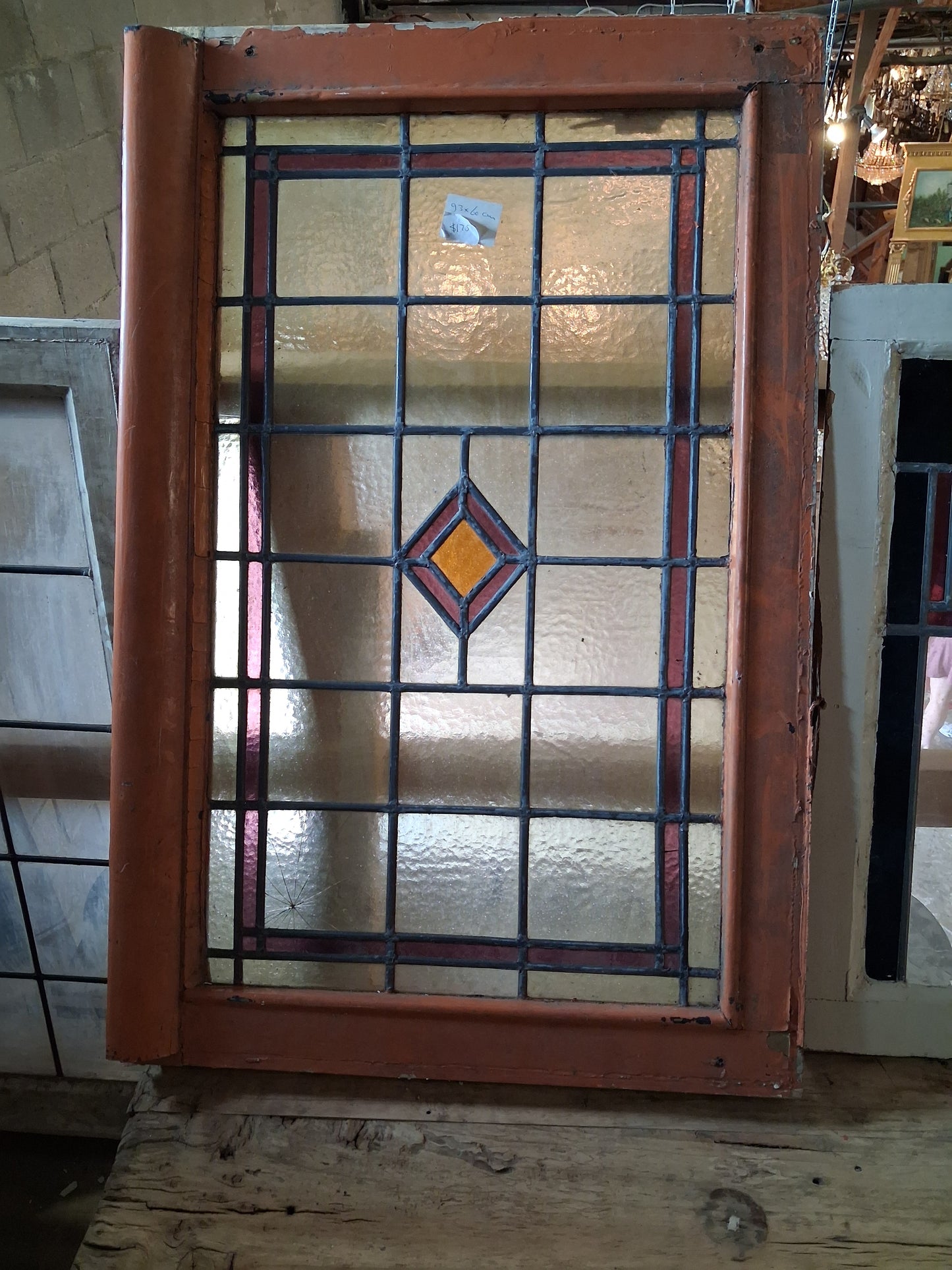 Antique Stained Glass Window with Diamond Motif and Painted Frame