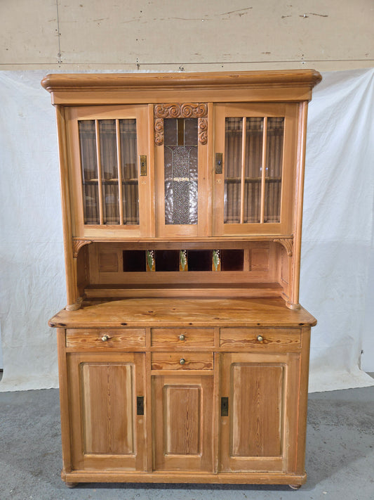Late 1800s Pine hutch w stain glass