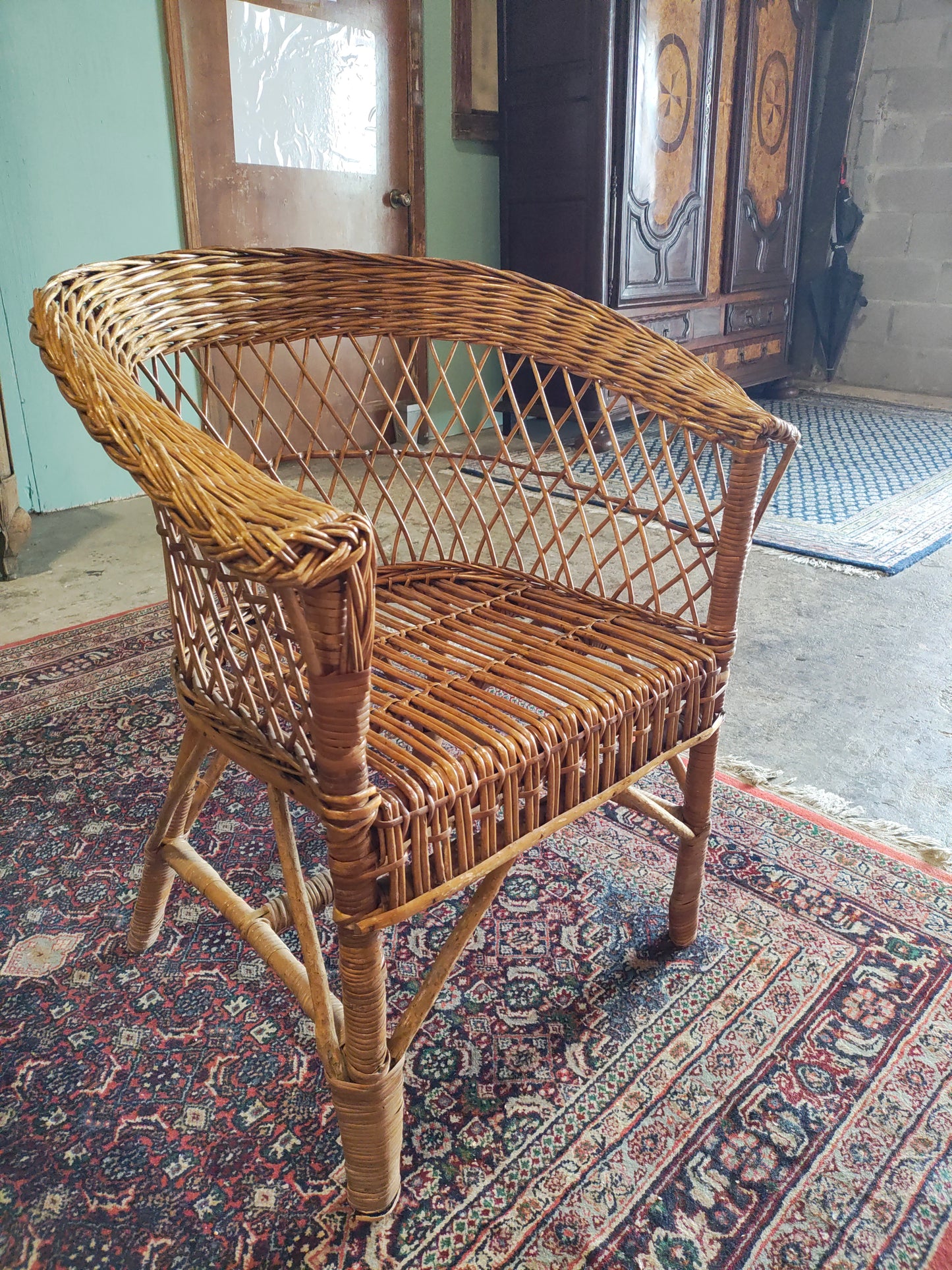 Mid-Century Rattan Barrel Back Lounge Chairs with Round Wicker Table – Set of 5