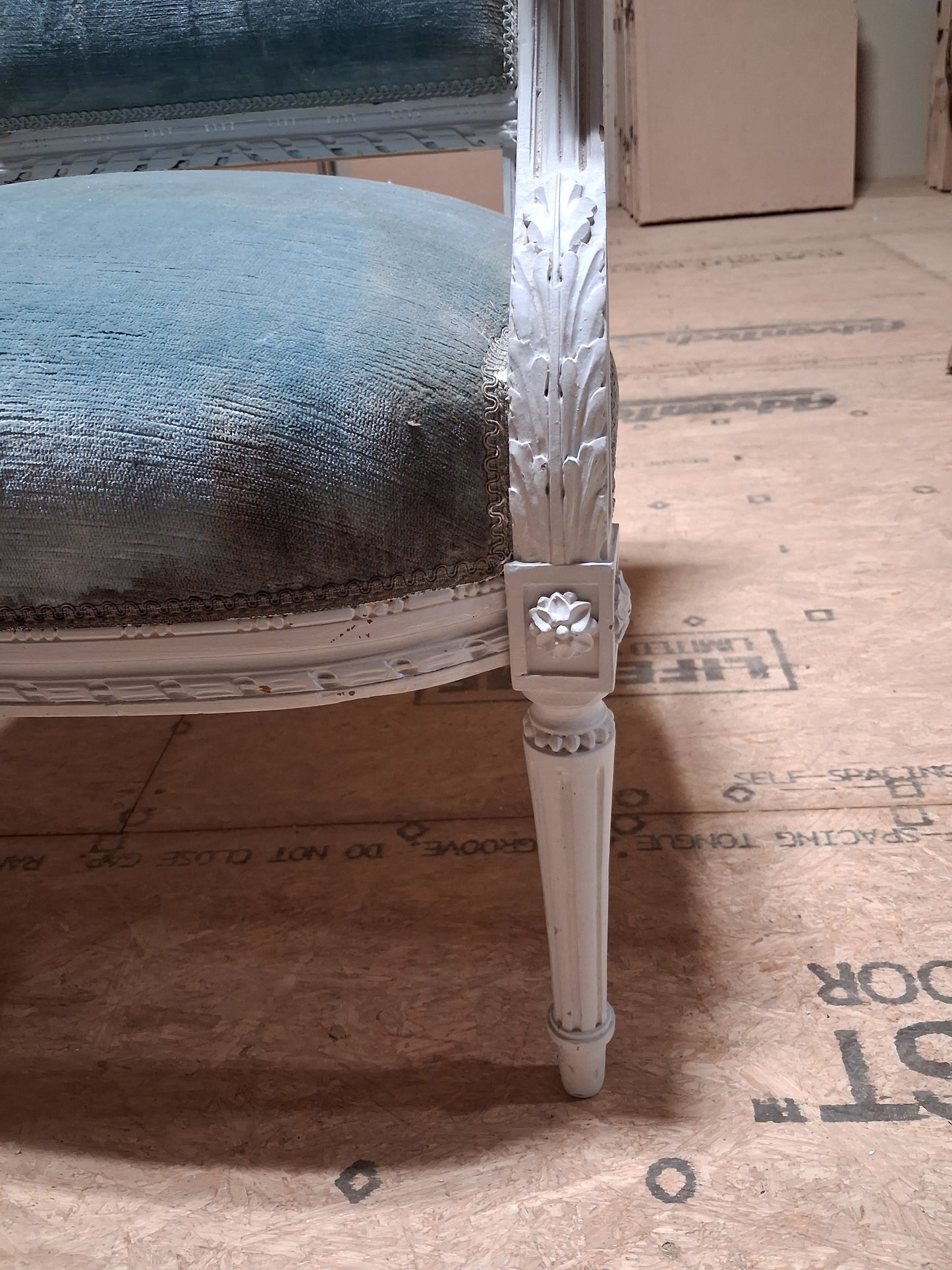 Antique French Louis XVI Painted Blue Bergère Armchair, Circa 1920
