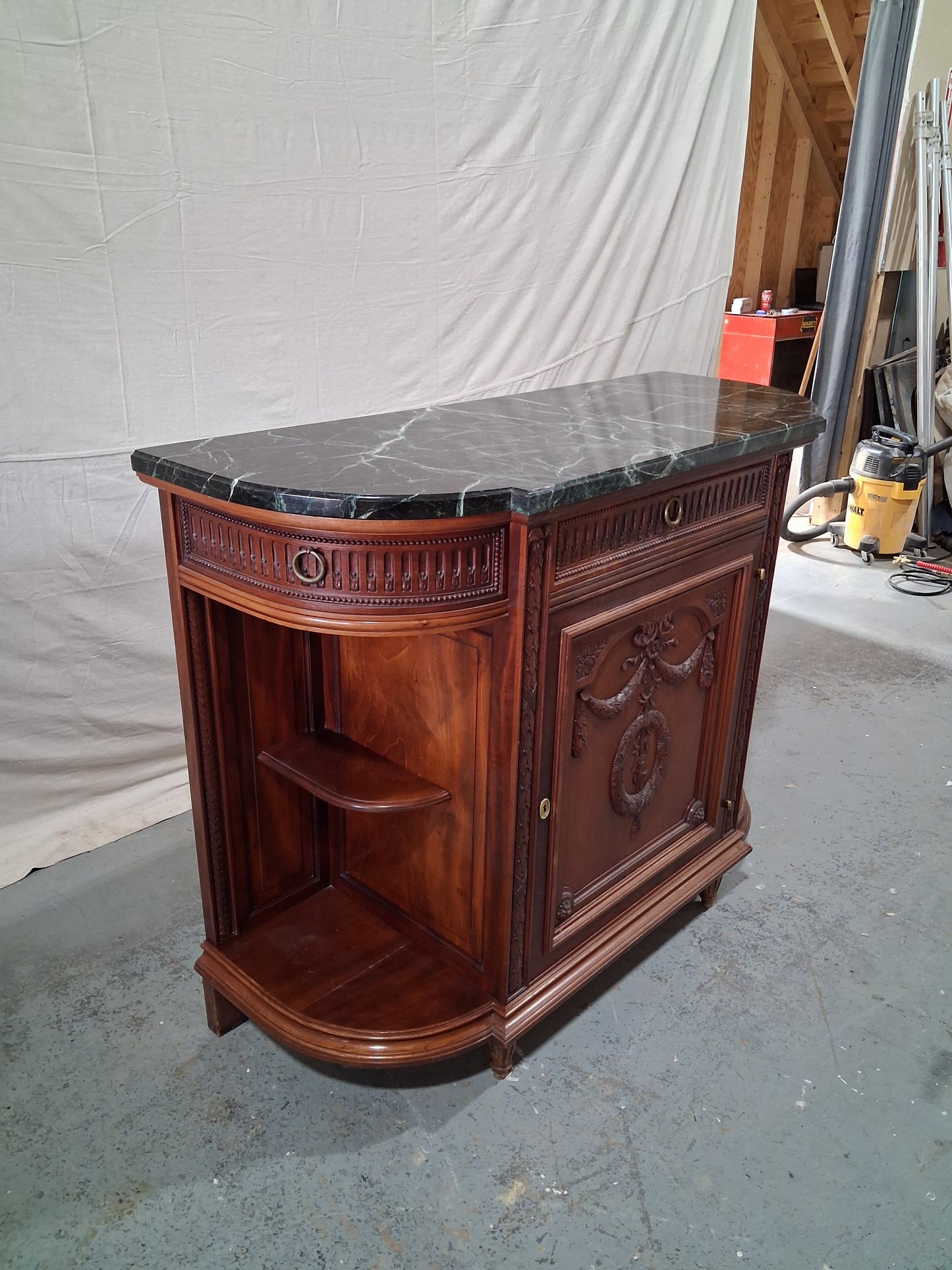 Antique French Louis XVI Revival Mahogany Marble Top Dining Room Suite, Circa 1890