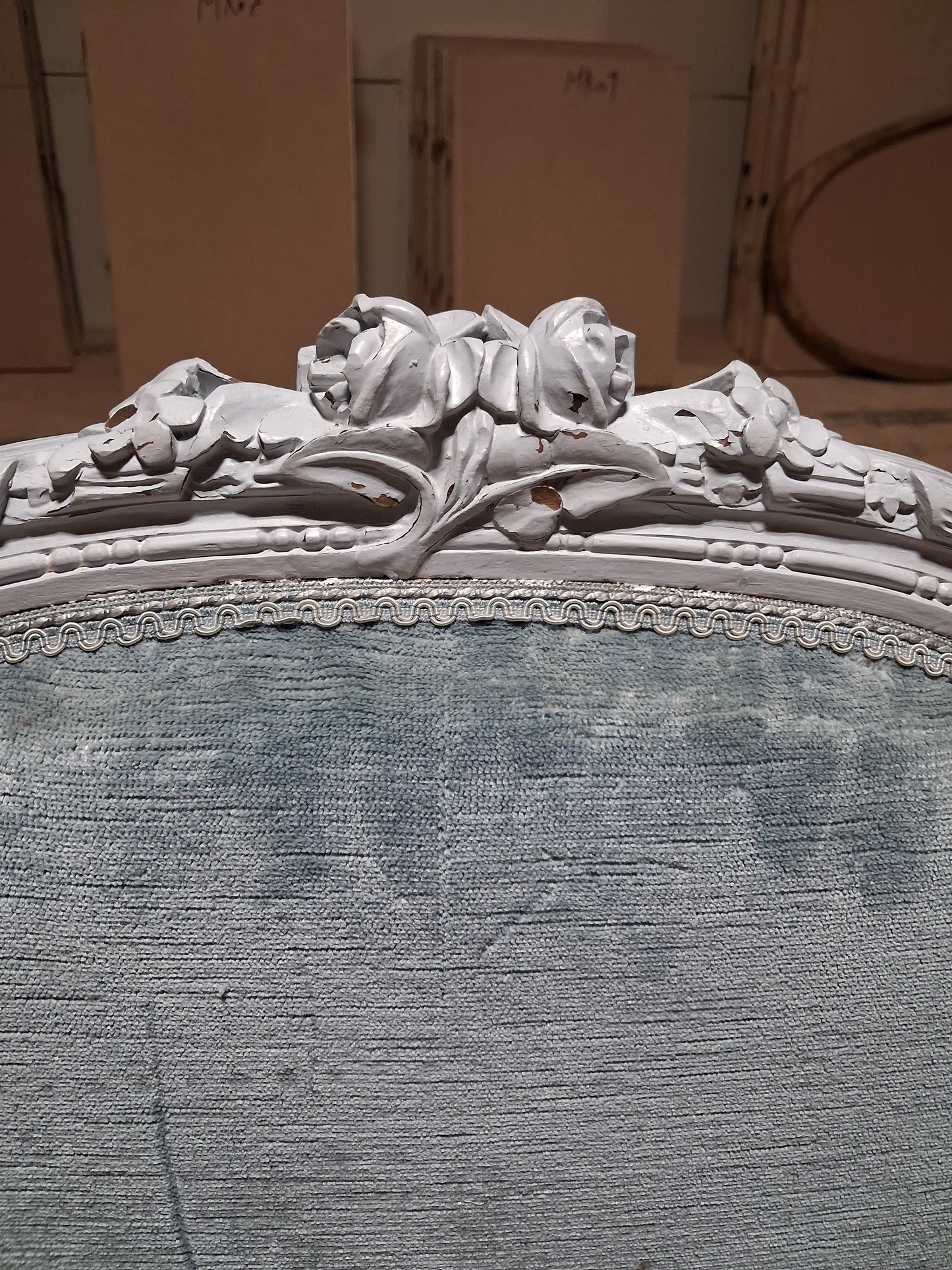 Antique French Louis XVI Painted Blue Bergère Armchair, Circa 1920
